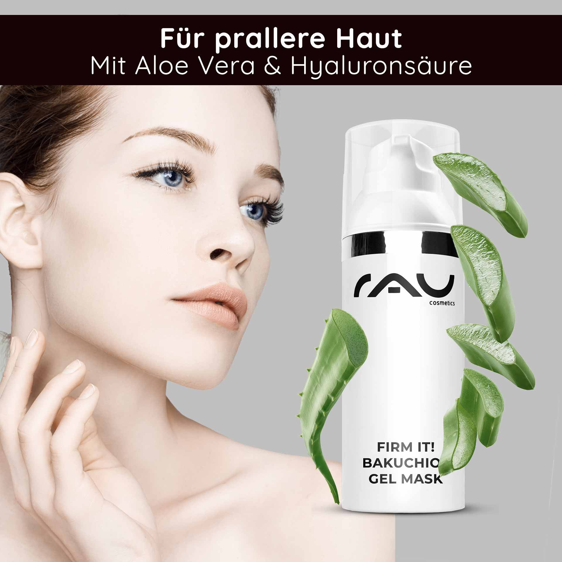 Donna dalla pelle radiosa e aloe vera, presenta la maschera gel al bakuchiol RAU Cosmetics Firm it!, per una pelle più rimpolpata, con aloe vera e acido ialuronico.