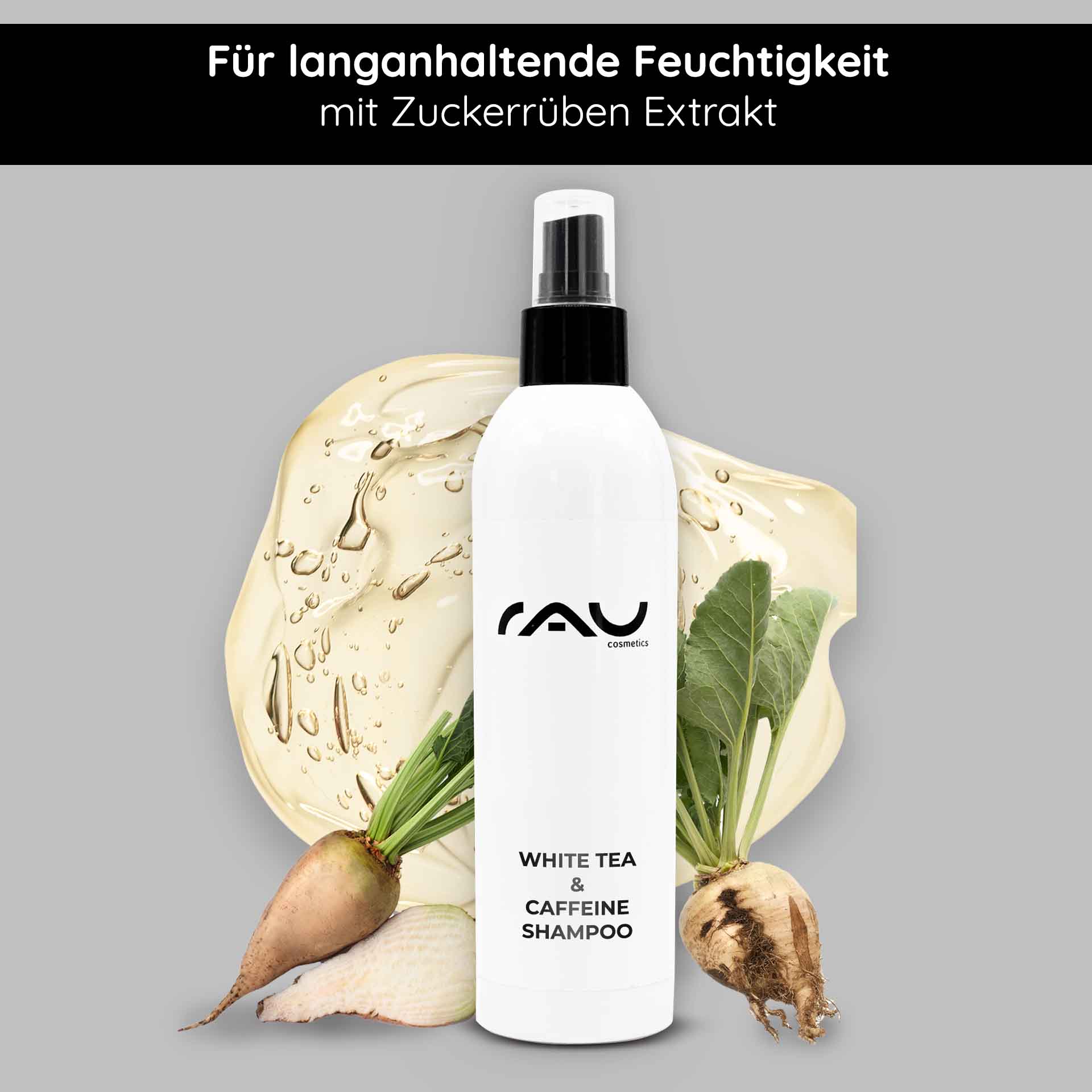 Shampoo al Tè Bianco & Caffeina 250 ml Weißes Teekoffein Shampoo in einer weißen Flasche, umgeben von Zuckerrüben und einem glänzenden Flüssigkeitsakzent, für langanhaltende Feuchtigkeit und sanfte Haarpflege.
