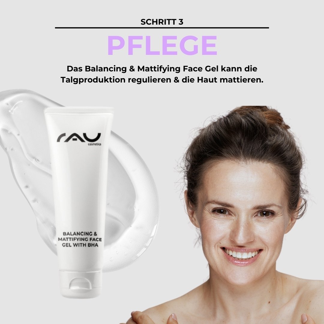 Gel viso riequilibrante ed opacizzante di RAU Cosmetics, donna sorridente che mostra la sua routine di cura per la pelle grassa, con focus sulla regolazione del sebo e sul finish opaco.