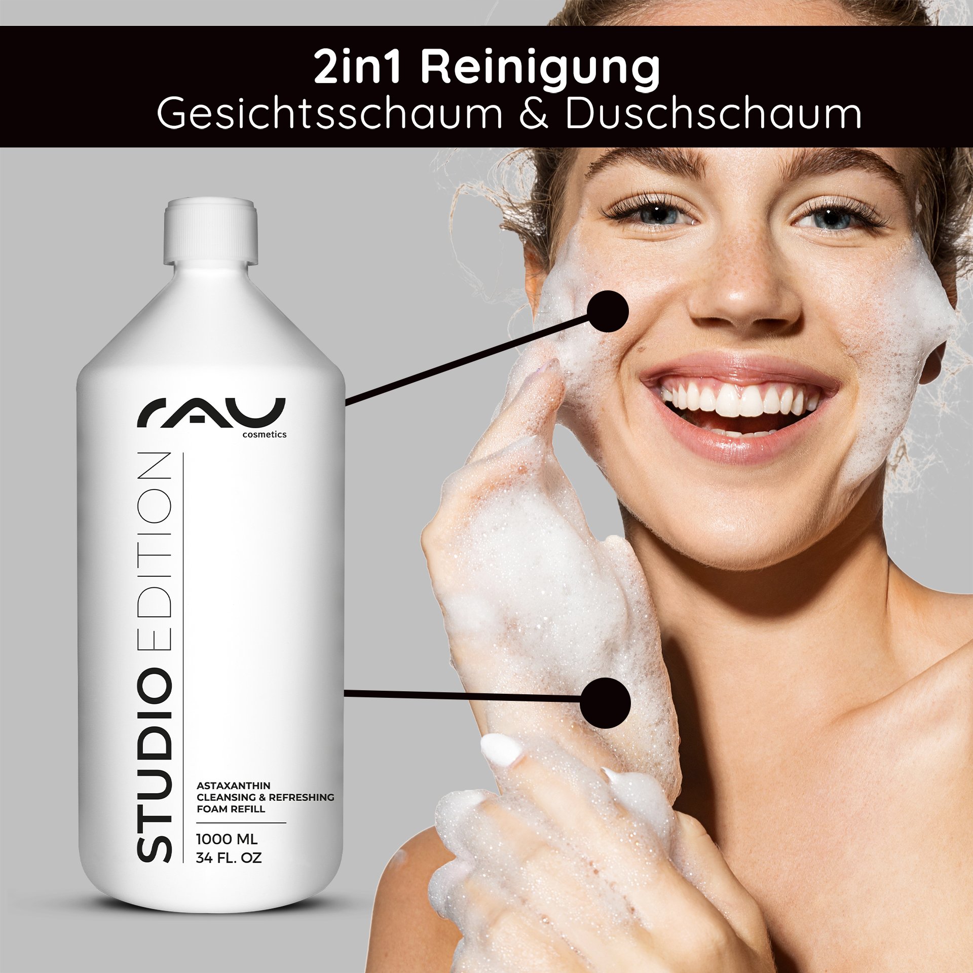 Grande flacone da 1 litro di schiuma detergente e rinfrescante all'astaxantina.