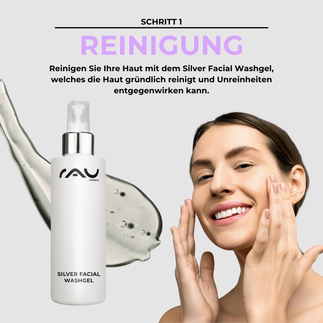 Frau mit fröhlichem Gesicht, die das Silver Facial Washgel von RAU Cosmetics anwendet, um unreine fettige Haut zu reinigen; Produktflasche mit der Aufschrift "Silver Facial Washgel" im Vordergrund.