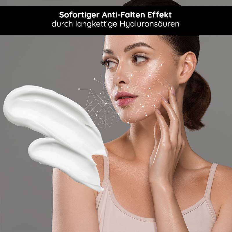 Crema Hyaluron 24h 200 ml con burro di karité e olio di avocado Frau mit glatter Haut und Anti-Falten-Creme, betont die Vorteile von langkettigen Hyaluronsäuren für sofortige Hautstraffung und -pflege.