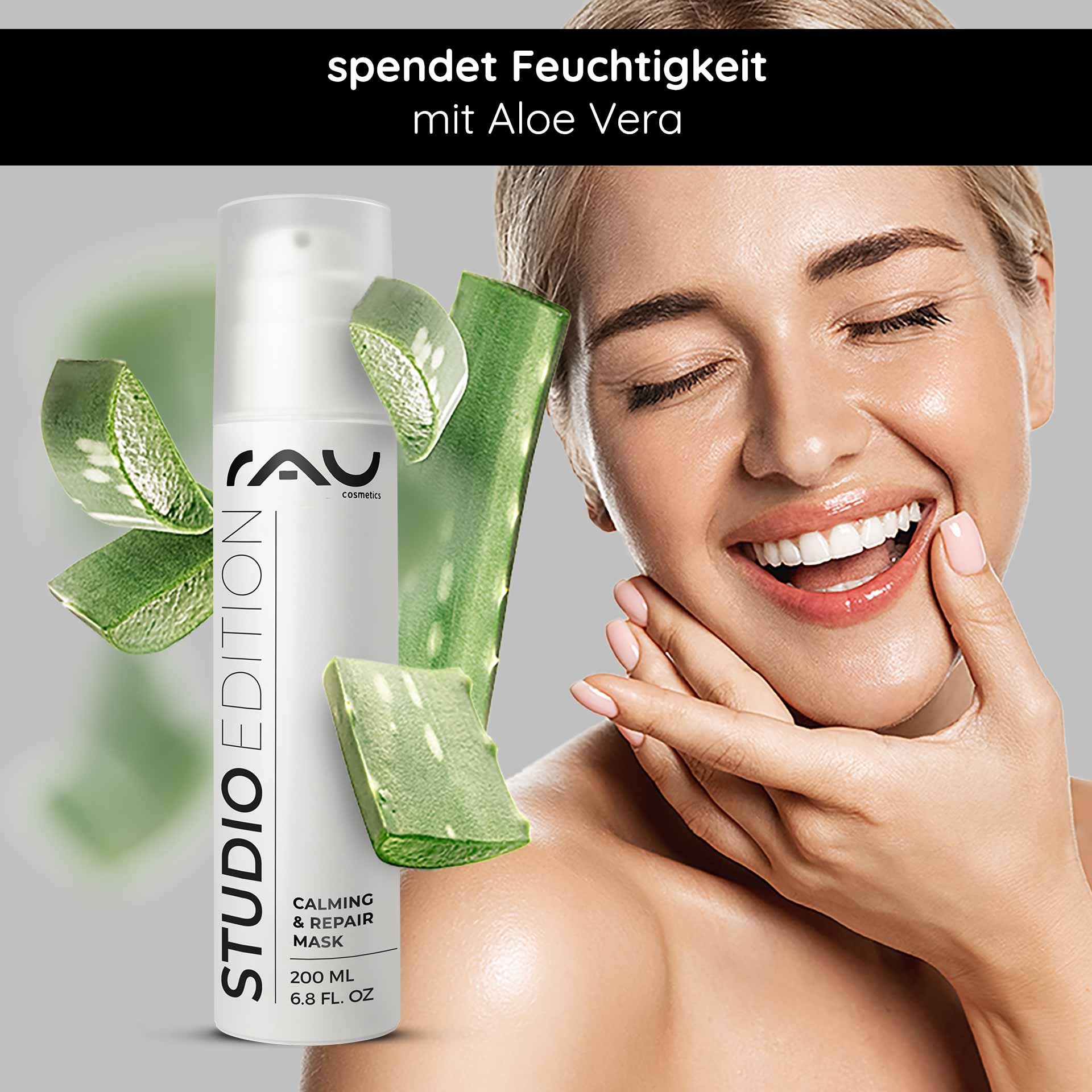 RAU Cosmetics Calming & Repair Mask 200 ml with Aloe Vera, moisturizing skincare product for dry skin, model smiling and applying mask, vibrant green aloe leaves.