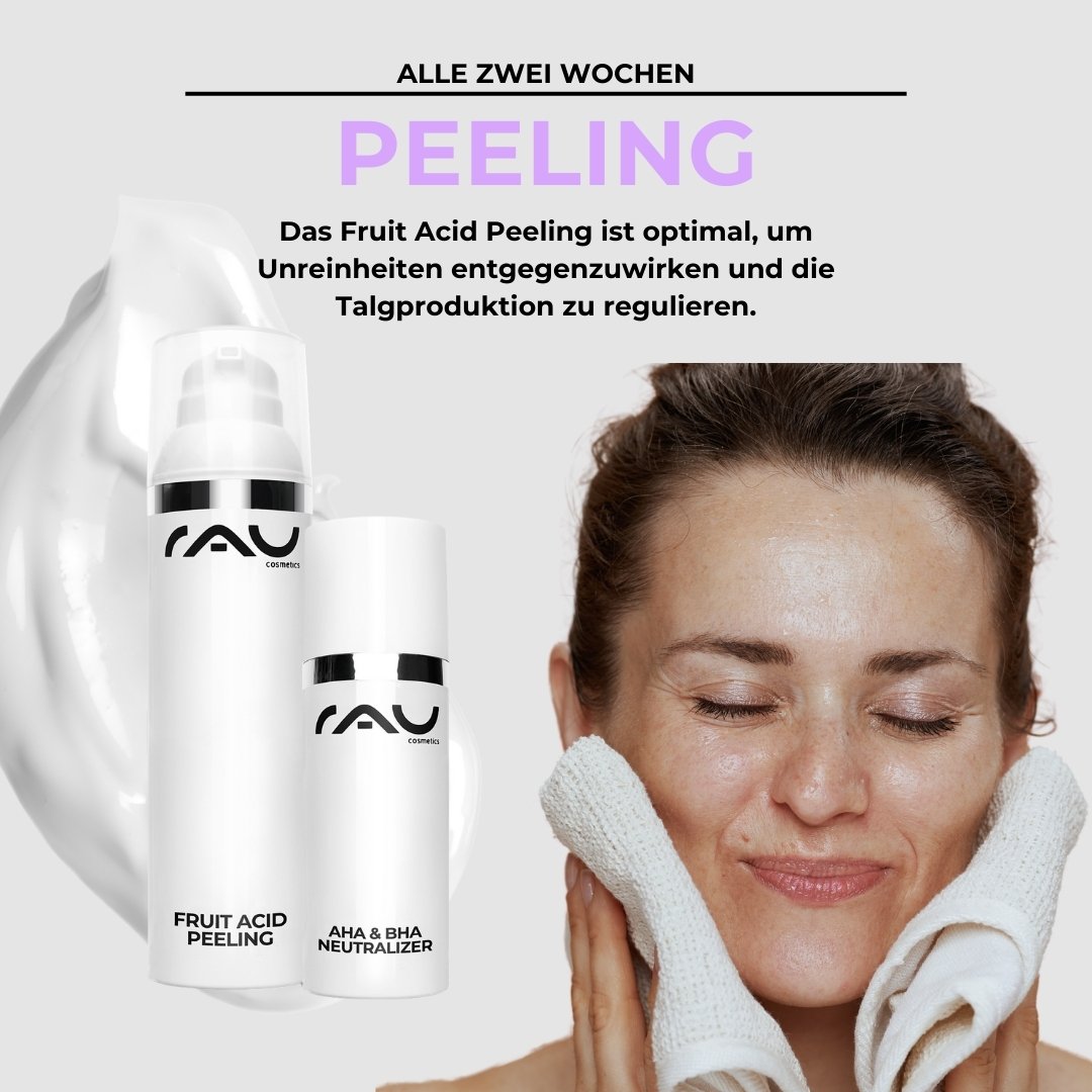 Frau mit strahlender Haut, die das RAU Cosmetics Fruit Acid Peeling und AHA & BHA Neutralizer anwendet, um Unreinheiten zu bekämpfen und die Talgproduktion zu regulieren.