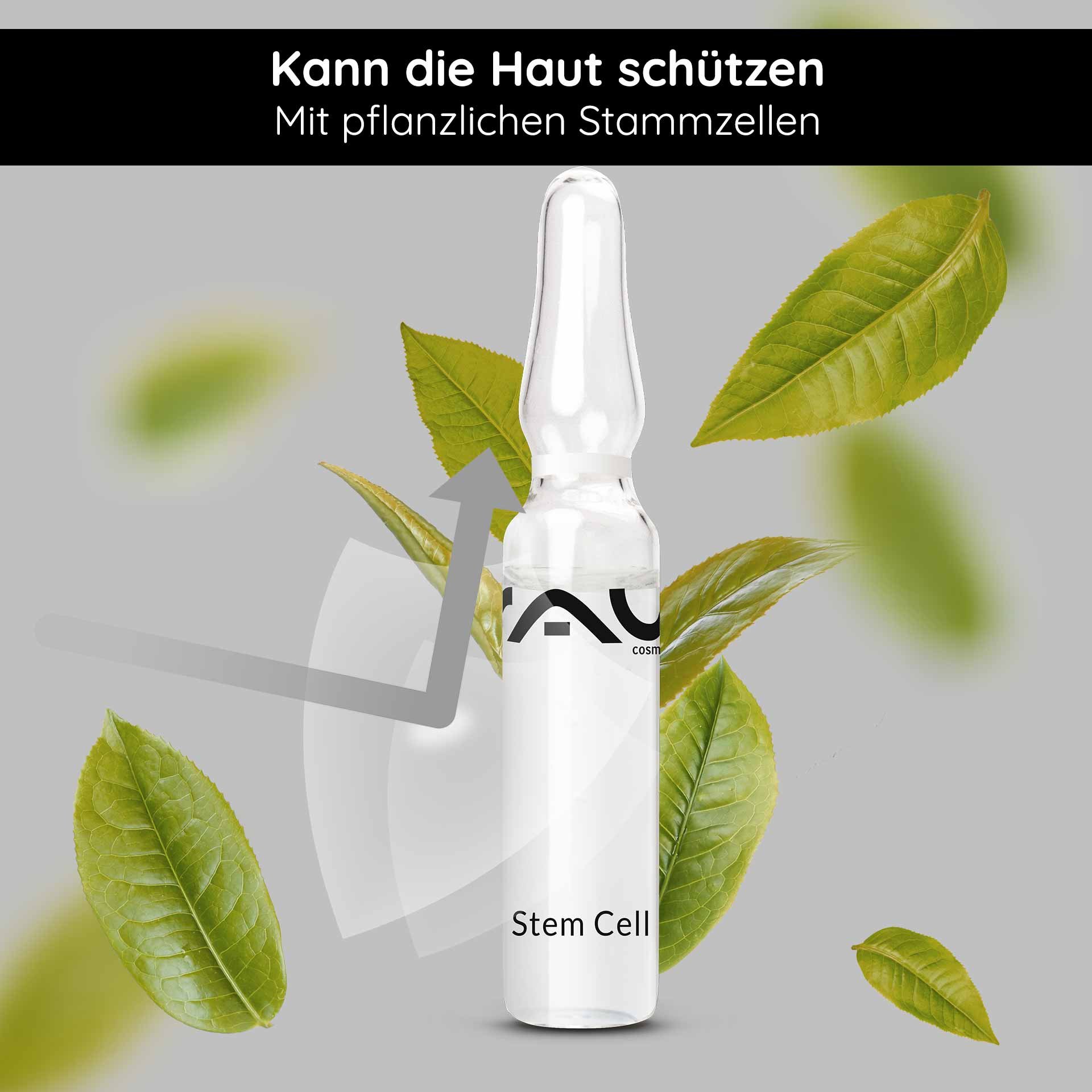 Ampolla di RAU Cosmetics con la scritta «Stem Cell», circondata da foglie verdi, evidenziando le cellule staminali vegetali per la protezione e la cura della pelle.