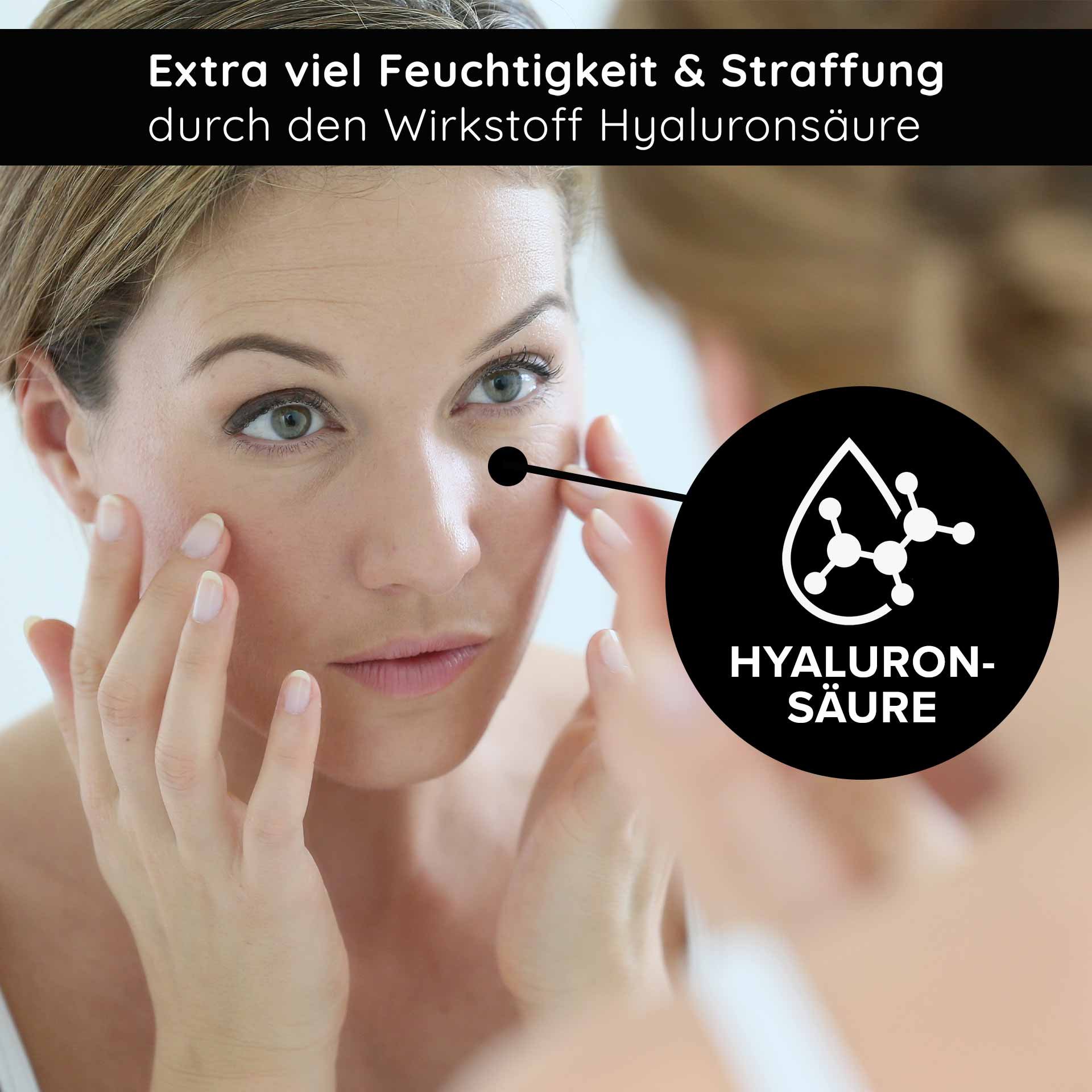 Donna con applicazione delicata per la cura della pelle, sottolinea l'acido ialuronico per un'ulteriore idratazione e rassodamento, nel contesto dell'anti-age e della cura della pelle.