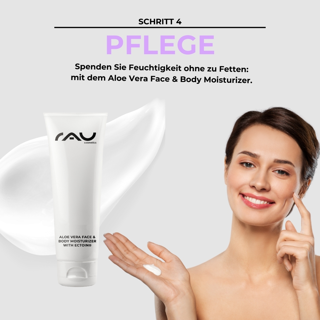 Routine di cura avanzata per la pelle mista Aloe Vera Face & Body Moisturizer von RAU Cosmetics in einer Tube, mit einer Frau, die die Creme auf ihr Gesicht aufträgt, wobei der Schwerpunkt auf Feuchtigkeit liegt, ohne zu fetten, Schritt 4 der erweiterten Hautpflegeroutine für Mischhaut.