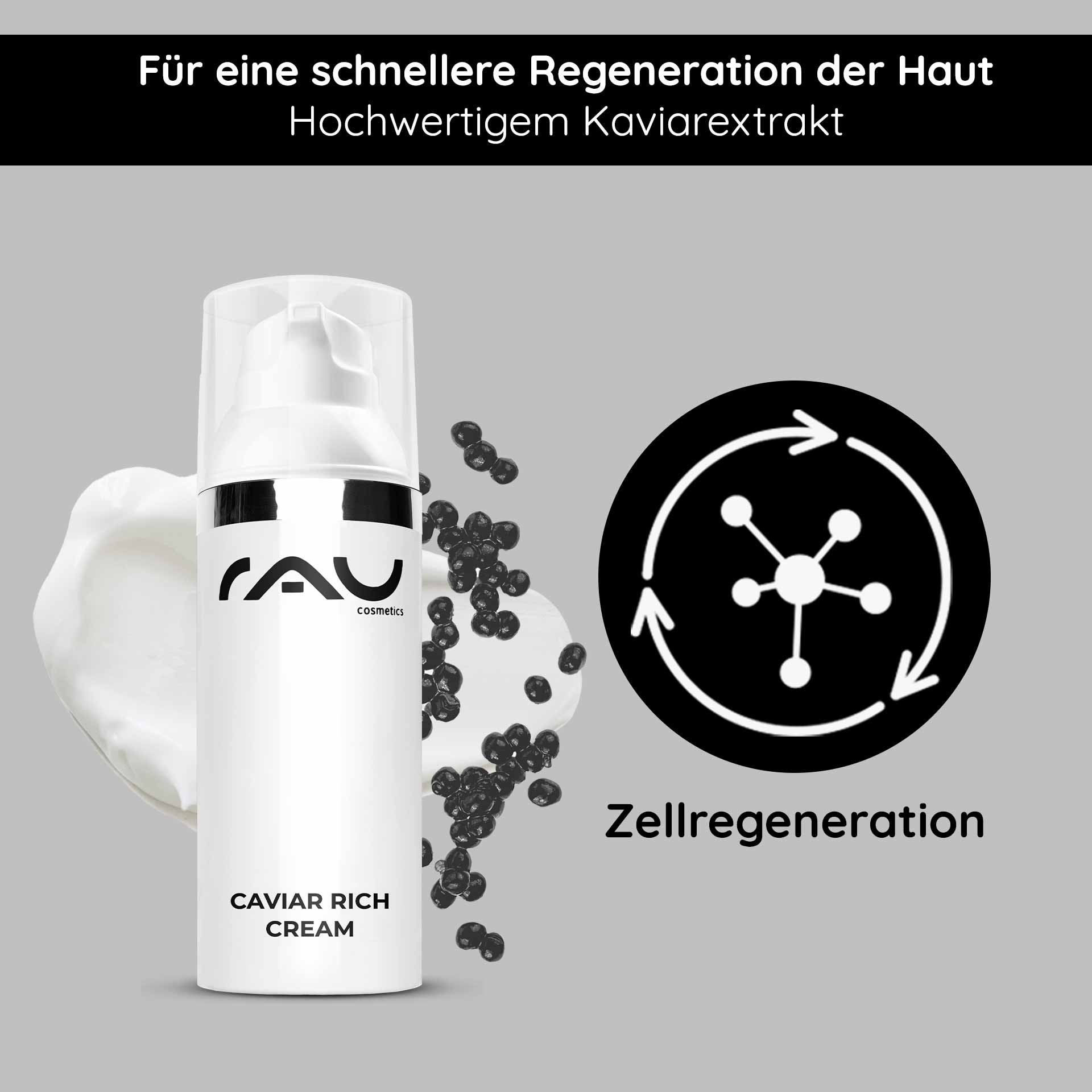 Confezione della RAU Cosmetics Caviar Rich Cream con estratto di caviale, che sottolinea la rigenerazione cutanea e i benefici anti-age e dispone di una texture in crema ed elementi di branding.