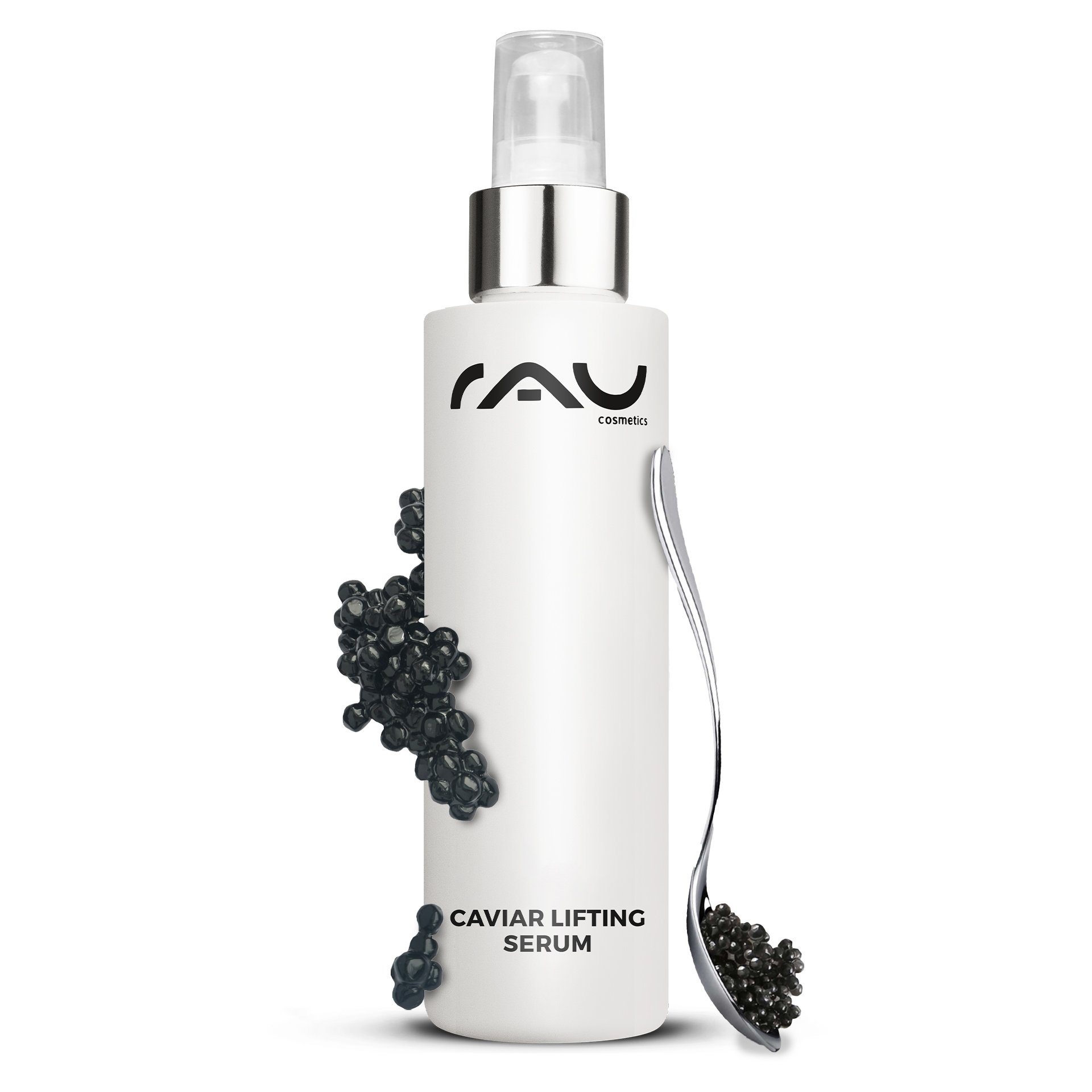 Pregiato flacone in vetro di RAU Cosmetics Caviar Lifting Serum 100 ml con pratico erogatore a pompetta su sfondo chiaro.