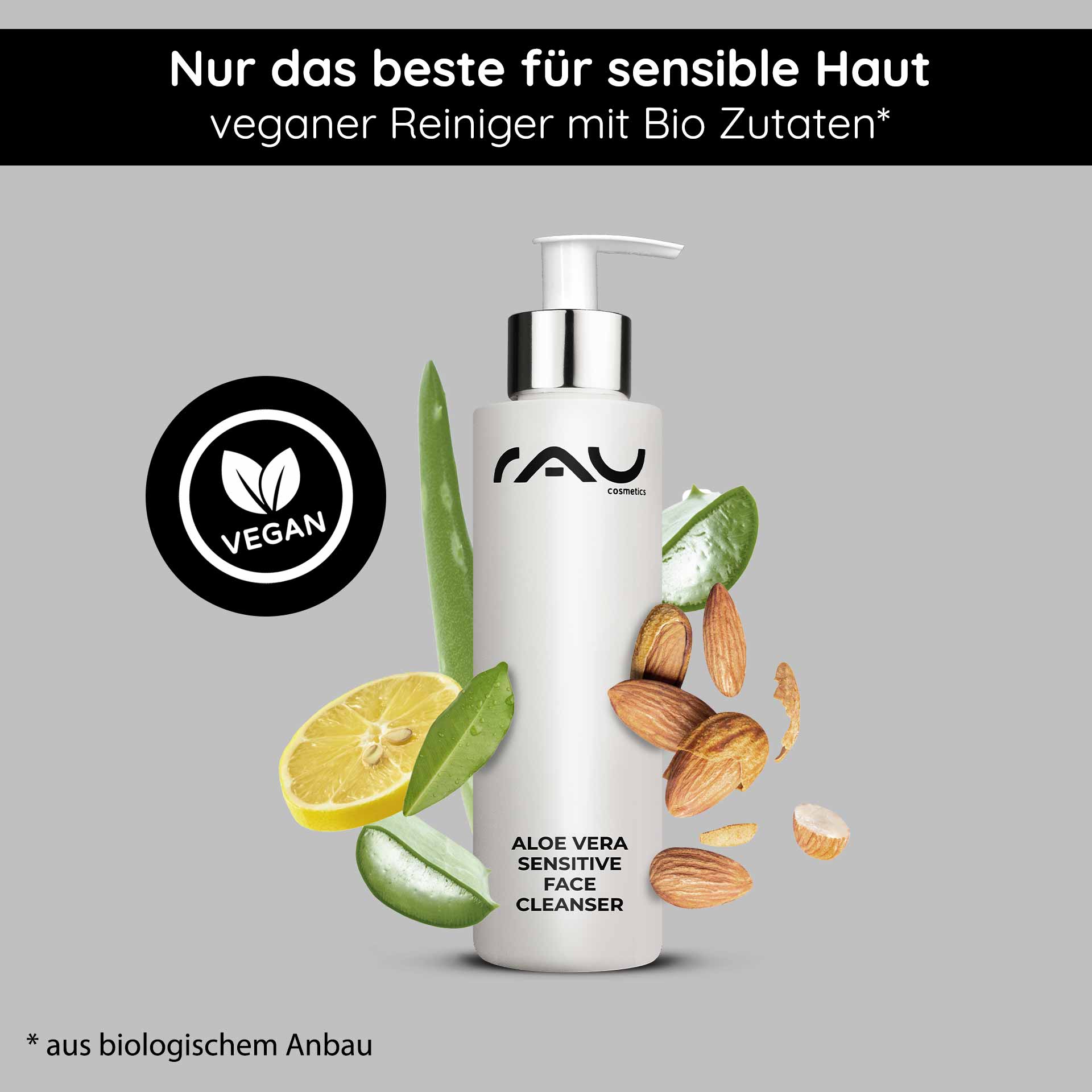 Aloe Vera Detergente viso sensibile 200 ml Detergente Flasche Aloe Vera Sensitive Face Cleanser mit veganem Etikett, umgeben von Aloe Vera-Blättern, Mandeln und Zitronenscheiben, die die natürlichen Inhaltsstoffe für empfindliche Haut betonen.