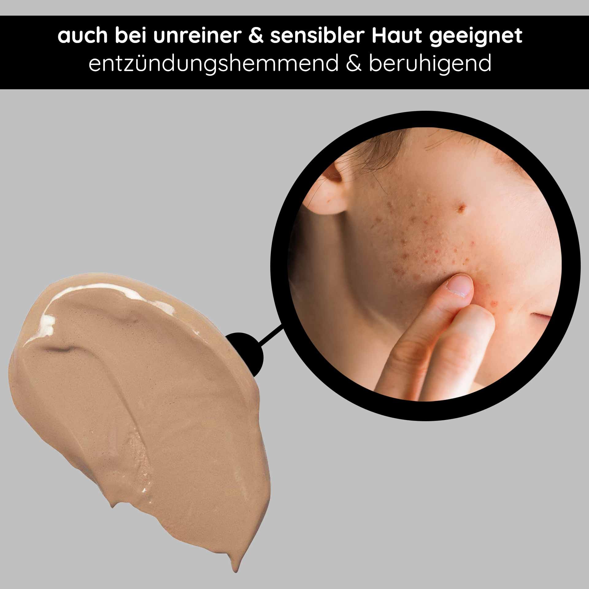 BB-Creme-Muster, geeignet für unreine und empfindliche Haut, mit Betonung der beruhigenden und entzündungshemmenden Eigenschaften und einer Nahaufnahme der Haut mit Unreinheiten.