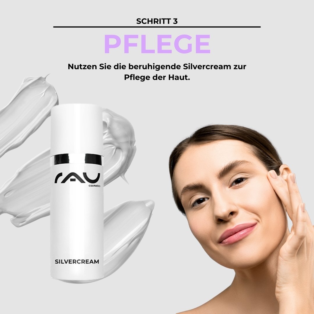 Silvercream lenitiva di RAU Cosmetics per la cura della pelle, con istruzione d'uso «Fase 3», e una persona che utilizza il prodotto.