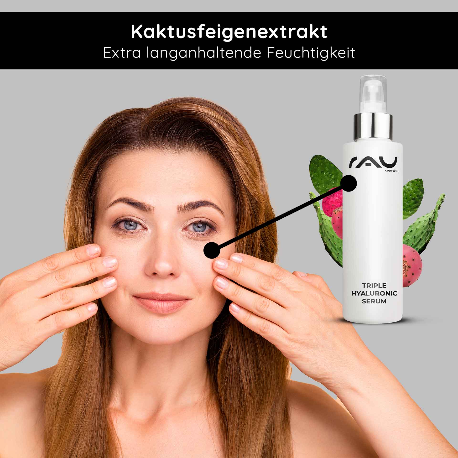 Siero ialuronico triplo 100 ml con pantenolo e ialurone Frau mit glatter Haut und Händen im Gesicht, präsentiert RAU Triple Hyaluronic Serum mit Kaktusfeigenextrakt für intensive Feuchtigkeit.