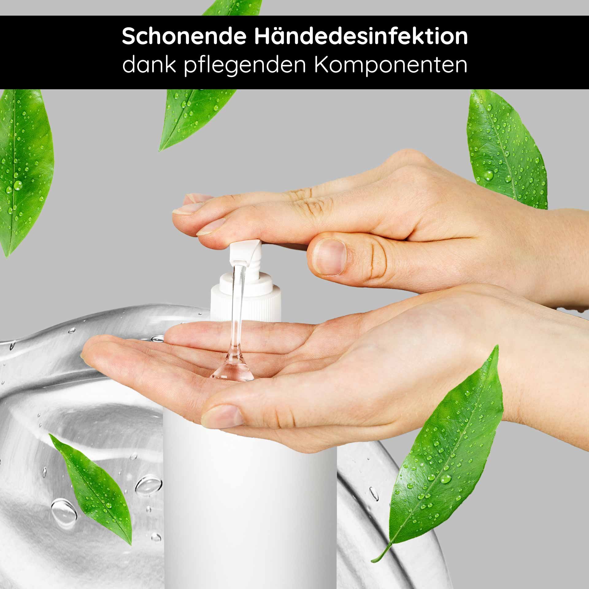 Disinfettare le mani con il RAU Cosmetics Hand Care Cleansing Gel, cura delicata ed effetto antibatterico, circondato da foglie verdi e gocce d'acqua.