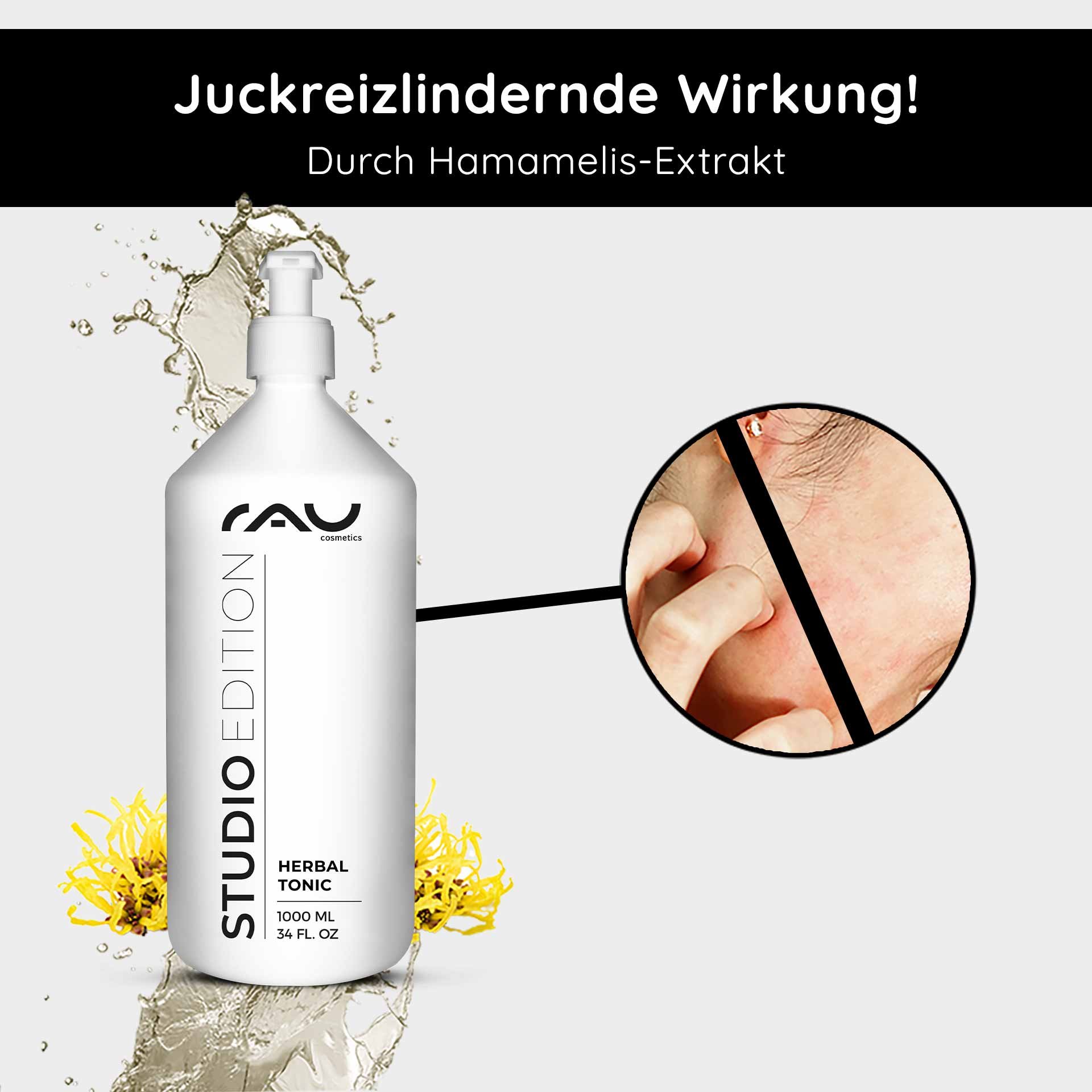 Eine Flasche Kräutertonikum von RAU Cosmetics mit Hamamelis-Extrakt, das eine beruhigende Wirkung auf empfindliche Haut hat und mit einem eingefügten Bild einer Hand versehen ist, die sanft gereizte Haut berührt.