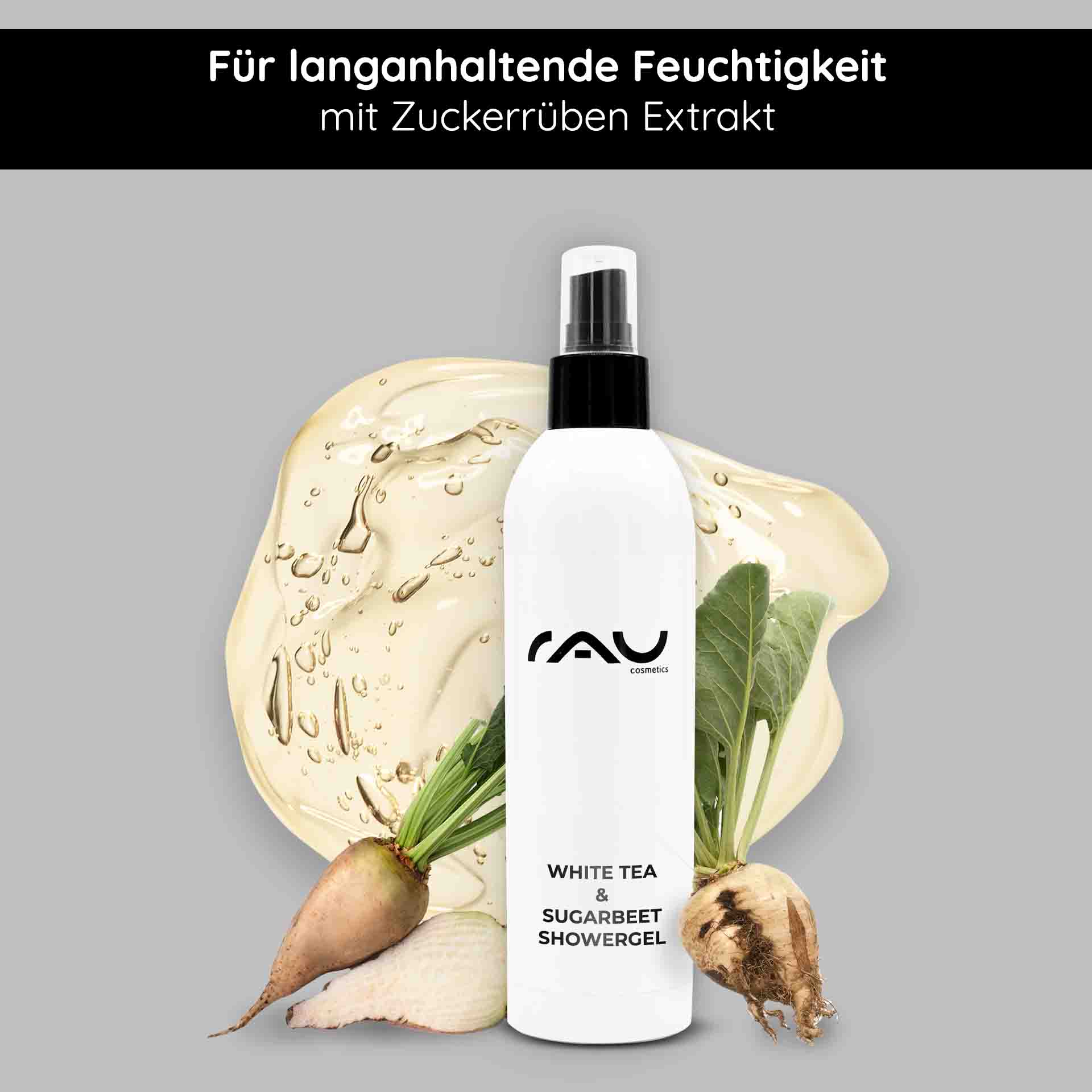 Gel doccia al tè bianco e barbabietola da zucchero 500 ml Gel doccia RAU Cosmetics White Tea & Sugar Beet Duschgelflasche mit natürlichen Inhaltsstoffen, mit weißem Tee und Zuckerrübenextrakt, das die Feuchtigkeitsversorgung und sanfte Reinigung fördert.