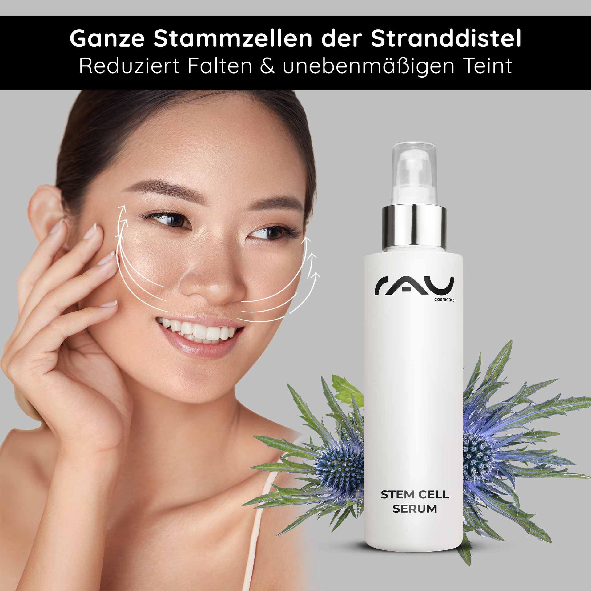 Un flacone di «RAU Cosmetics Stem Cell Serum» accanto a una donna sorridente che applica il siero sul viso ed evidenzia i benefici anti-age e la riduzione delle rughe con le cellule staminali vegetali.