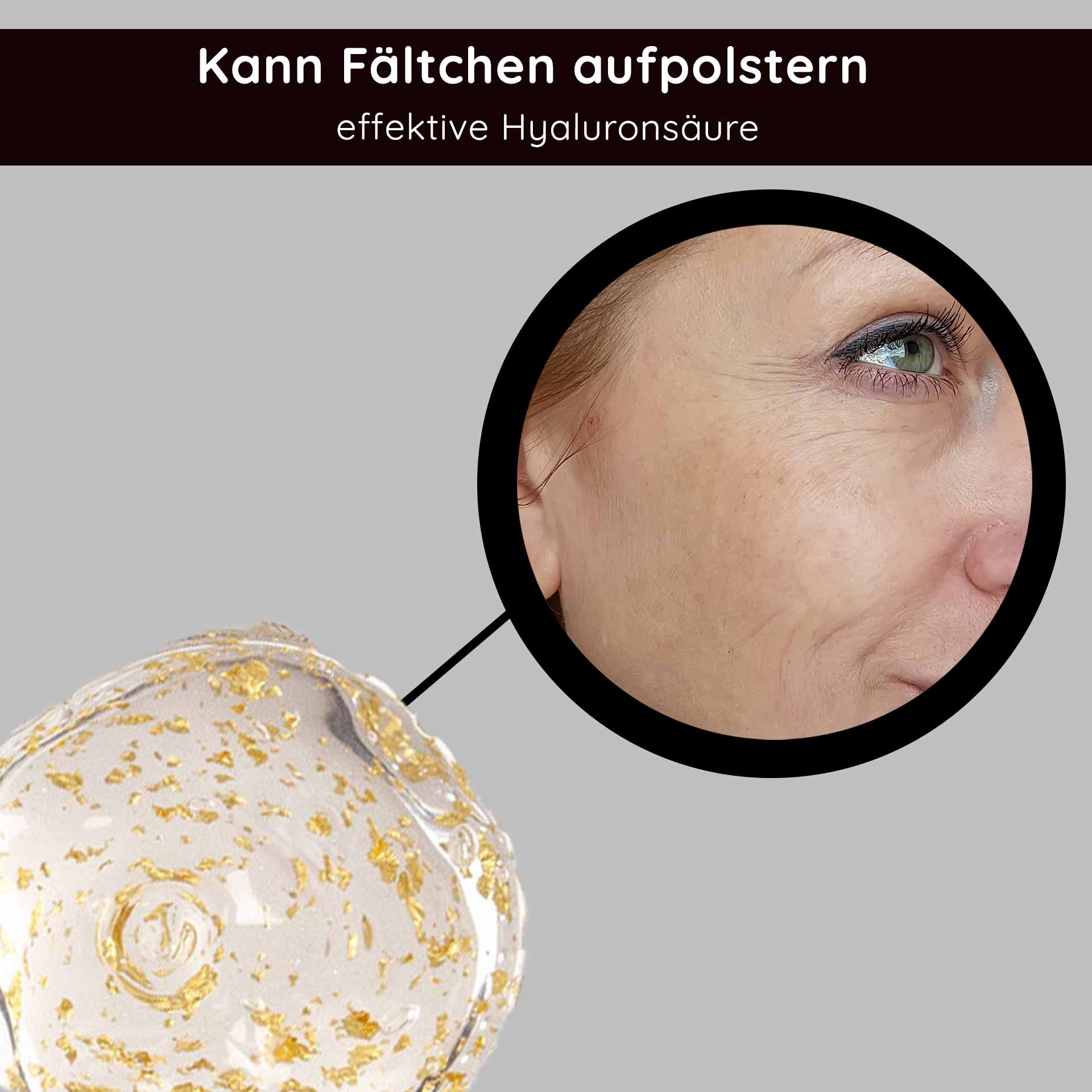 Goldenes Hyalurongel con 23 Karat Gold, il seine anti-aging-Eigenschaften e seine Wirksamkeit beim Aufpolstern feiner Linien hervorhebt, accanto a einer Primo piano del Verbesserung del Hautstruktur.