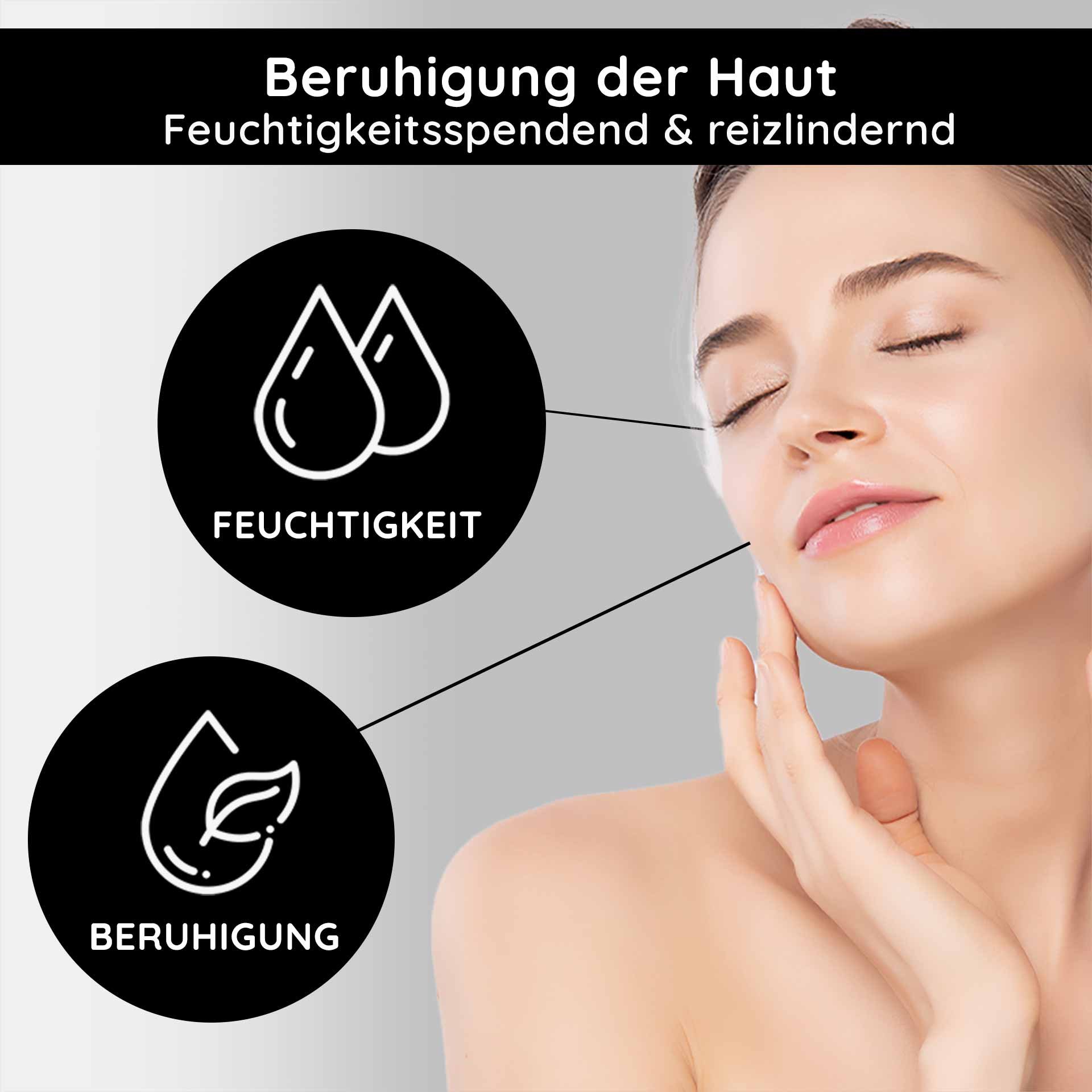 Beruhigung del pelle con feuchtigkeitsspendenden e reizlindernden Eigenschaften, Darstellung einer Frau, la sanft ihr viso berührt, umgeben von Symbolen per idratazione e Beruhigung.