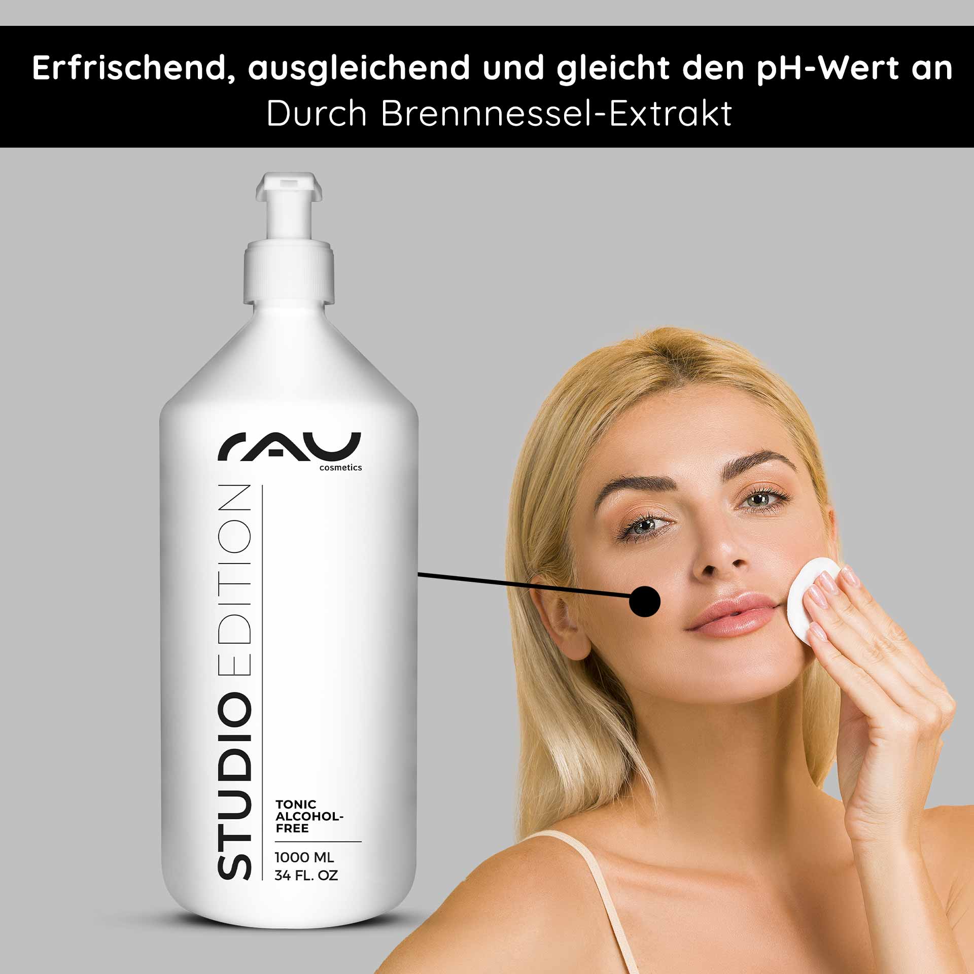 Tonico senza alcool 1000 ml con estratto di ortica Alkoholfreies Gesichtstonic von RAU Cosmetics in 1000 ml Flasche, Anwendung auf empfindlicher Haut mit Brennnesselextrakt zur Porenverfeinerung und pH-Wert-Ausgleich.