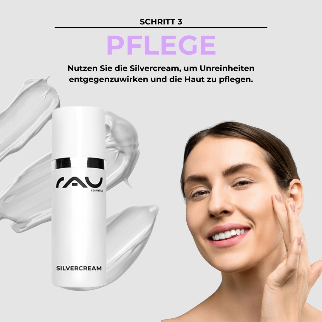 Donna con viso curato e Silvercream di RAU, démonstrando il trattamento per pelli impure, con istruzioni per l'uso.
