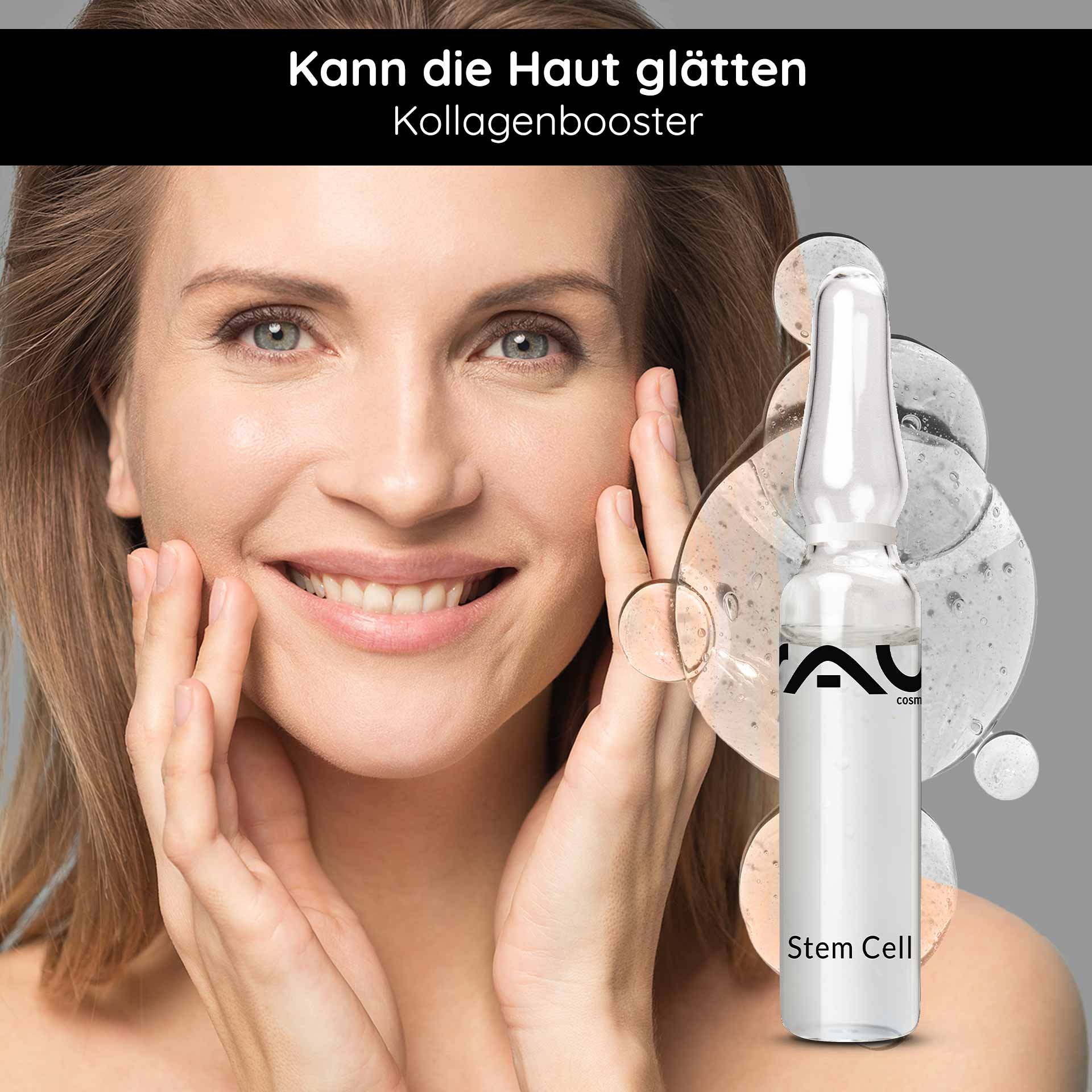 Lächelnde Frau mit glatter Haut und Händen im Gesicht, neben einer RAU Cosmetics Stem Cell Ampulle, die als Kollagenbooster beworben wird.