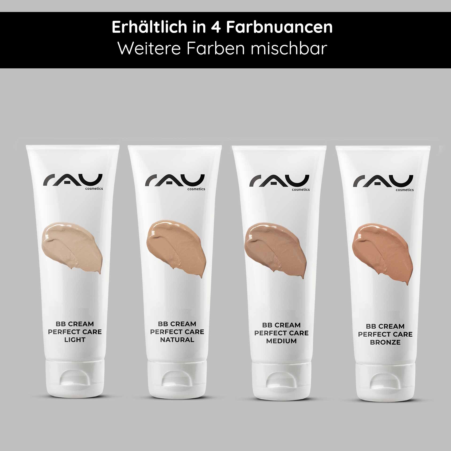 RAU Cosmetics BB Cream Perfect Care in quattro tonalità: Light, Natural, Medium e Bronze, che sottolineano la versatilità del prodotto e l'adattamento al tono della pelle.