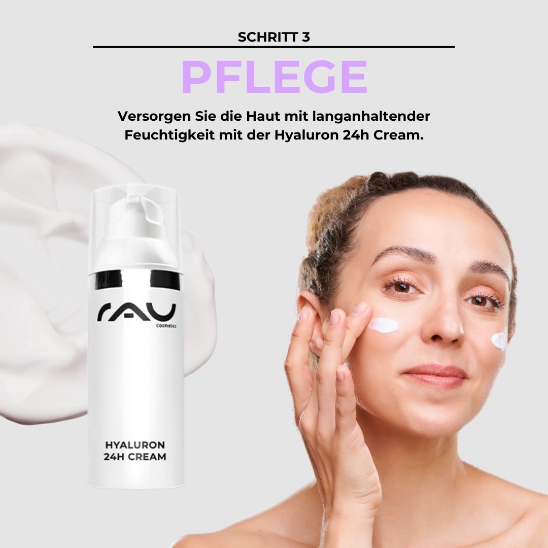 Frau mit Hyaluron 24H Cream von RAU Cosmetics, die Feuchtigkeitscreme auf ihr Gesicht aufträgt, Schritt 3 der Basis Pflegeroutine für trockene Haut.