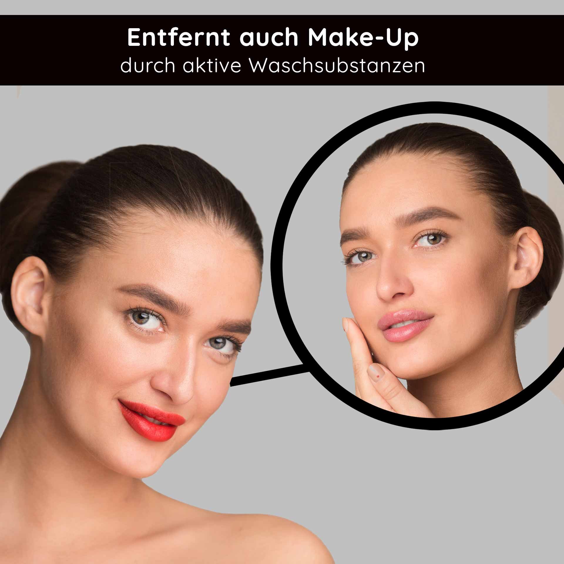 Donna con rossetto rosso e pelle impeccabile, mostra l'effetto della lozione detergente RAU Cosmetics, che rimuove il trucco e offre cura della pelle.