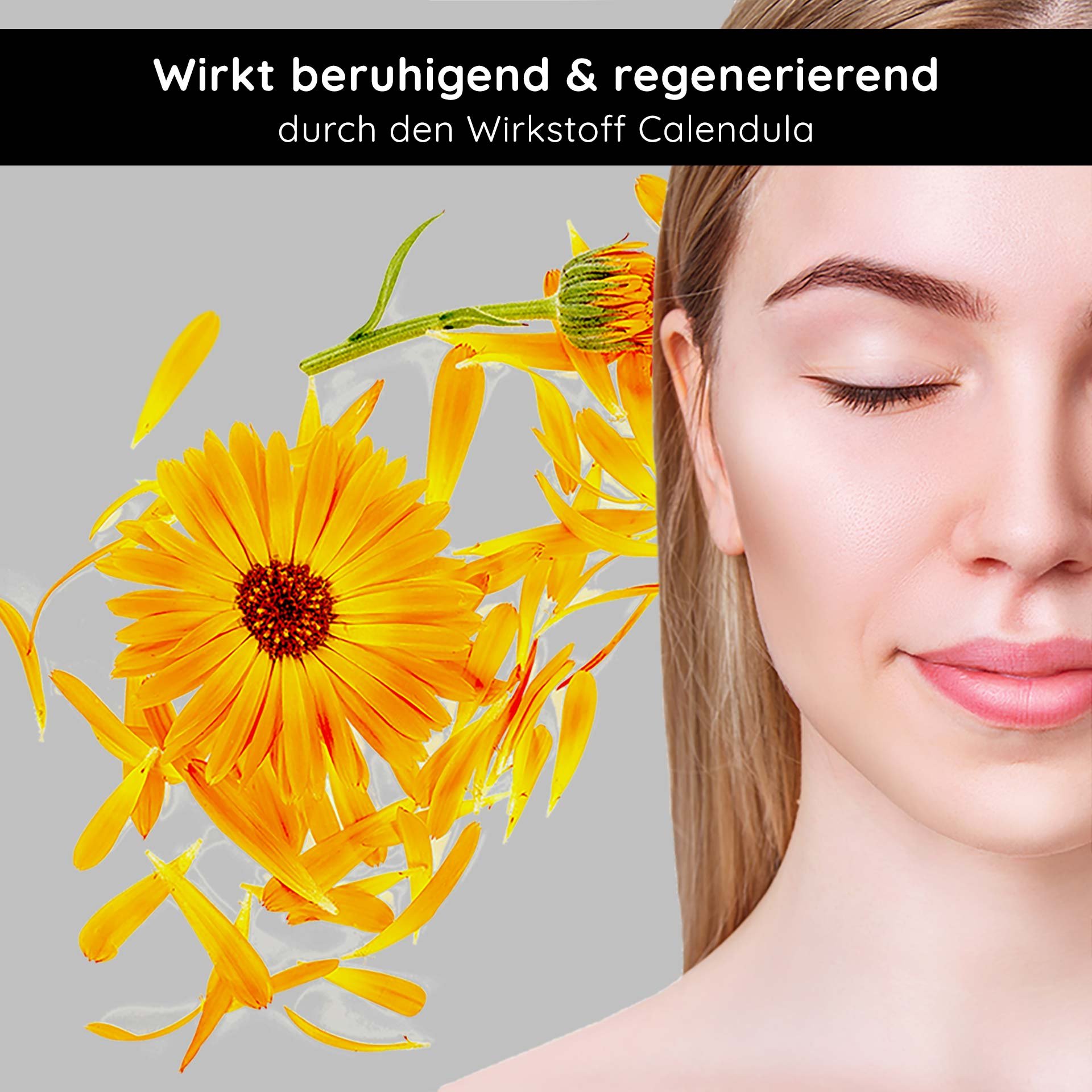 Frau mit geschlossenen Augen und sanftem Gesichtsausdruck, umgeben von Calendula-Blüten, betont die beruhigenden und regenerierenden Eigenschaften des Inhaltsstoffs für empfindliche Haut.