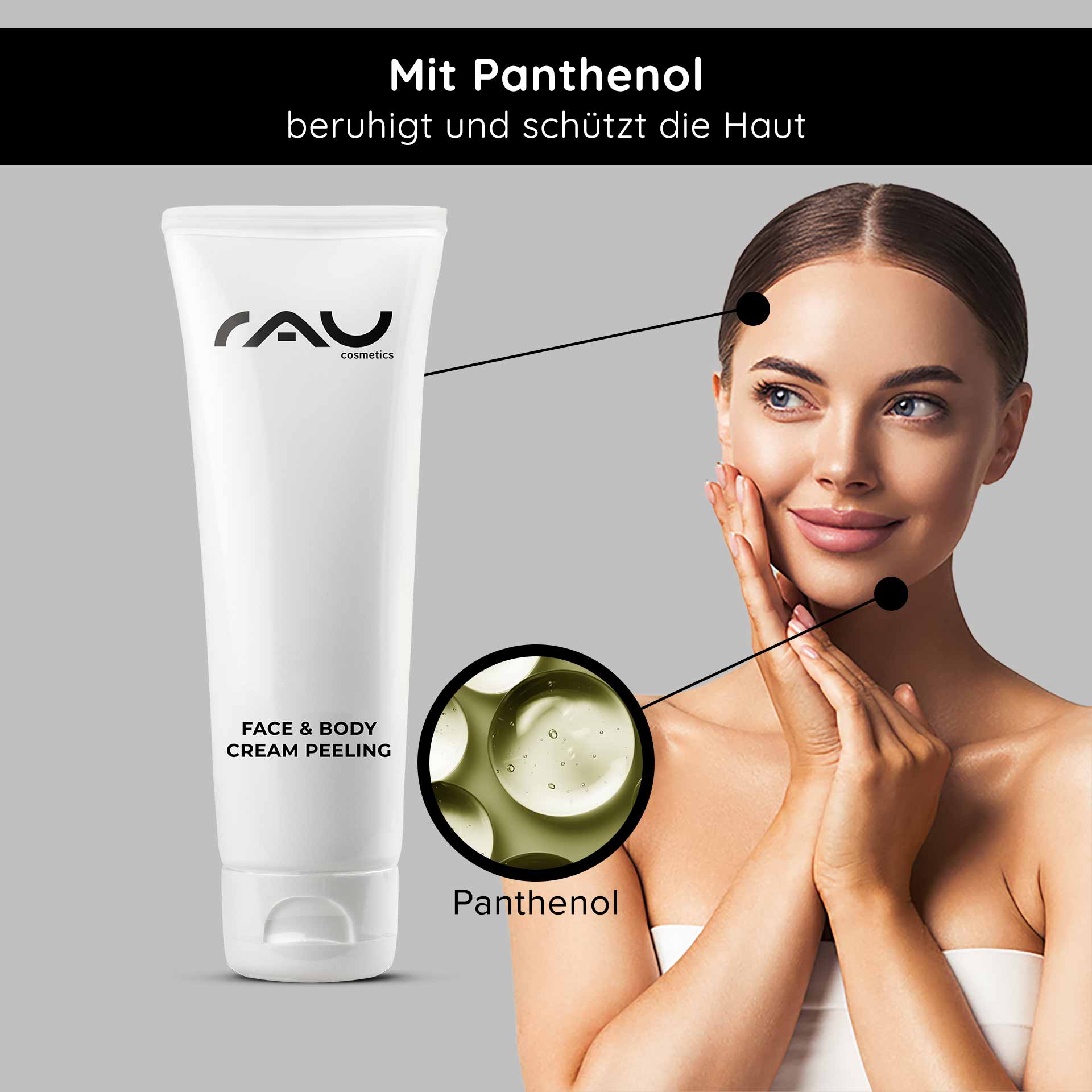 Crema peeling viso e corpo 75 ml Peeling meccanico RAU Cosmetics Face & Body Cream Peeling-Tube mit Panthenol, Frau trägt Produkt auf ihr Gesicht auf und betont die Vorteile für die Hautpflege.