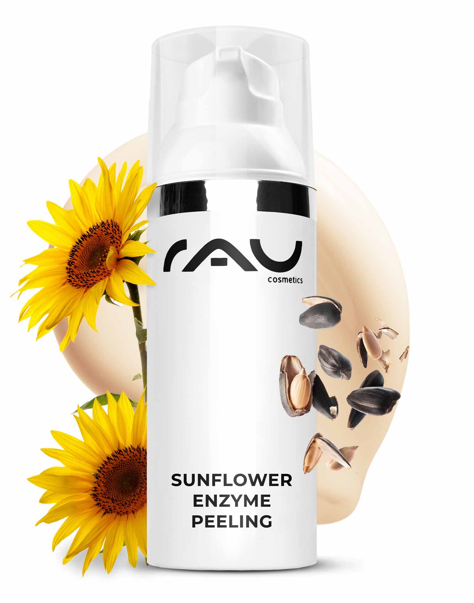 Confezione del Peeling enzimatico al girasole con fiori di girasole, che evidenziano il nome del prodotto e i benefici del peeling enzimatico per la pelle sensibile.