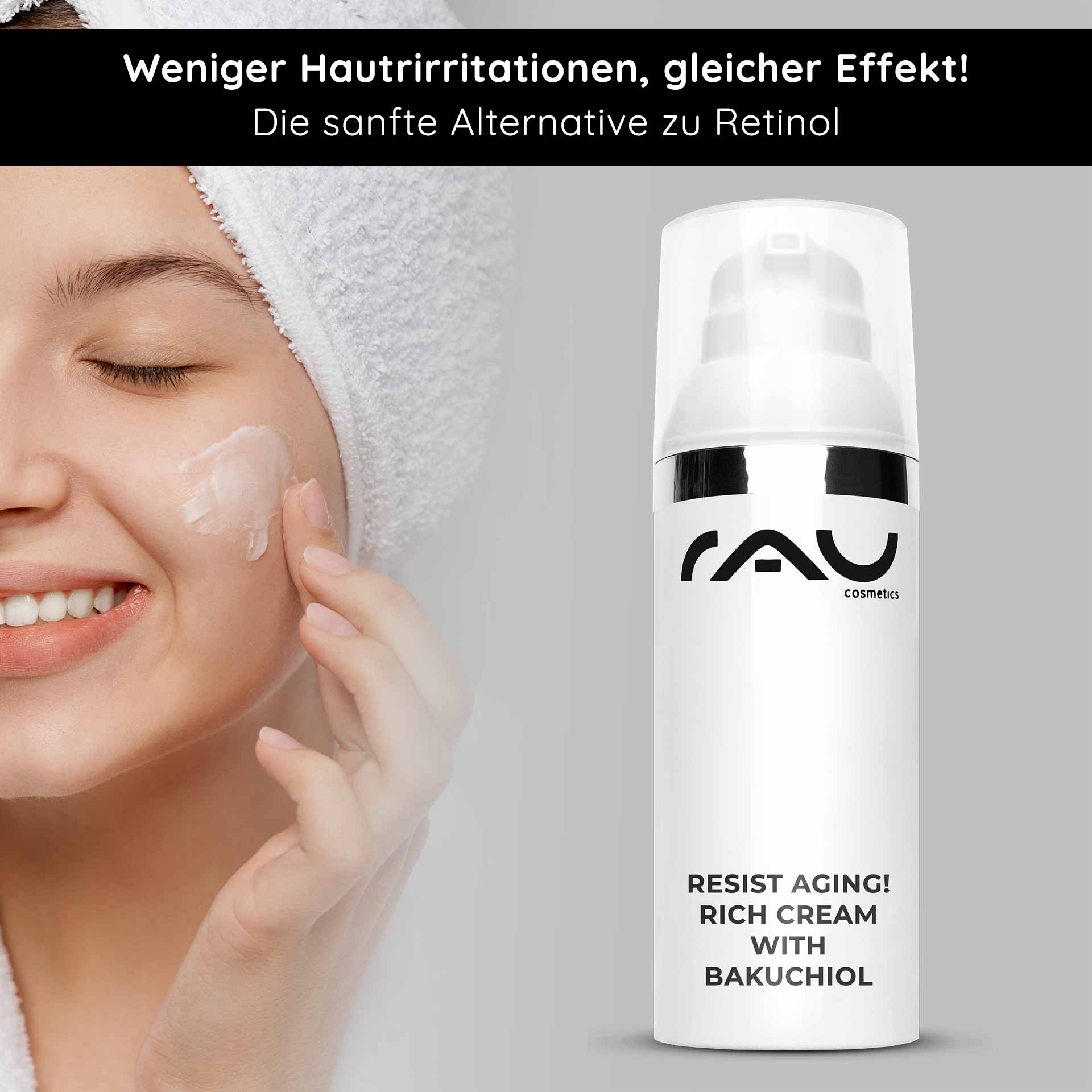 Resistete all'invecchiamento! Crema ricca con Bakuchiol 50 ml Crema notte Frau mit Hand auf Wange, die RAU Cosmetics Resist Aging Rich Cream mit Bakuchiol aufträgt, betont sanfte Alternative zu Retinol für Hautpflege und Anti-Aging.