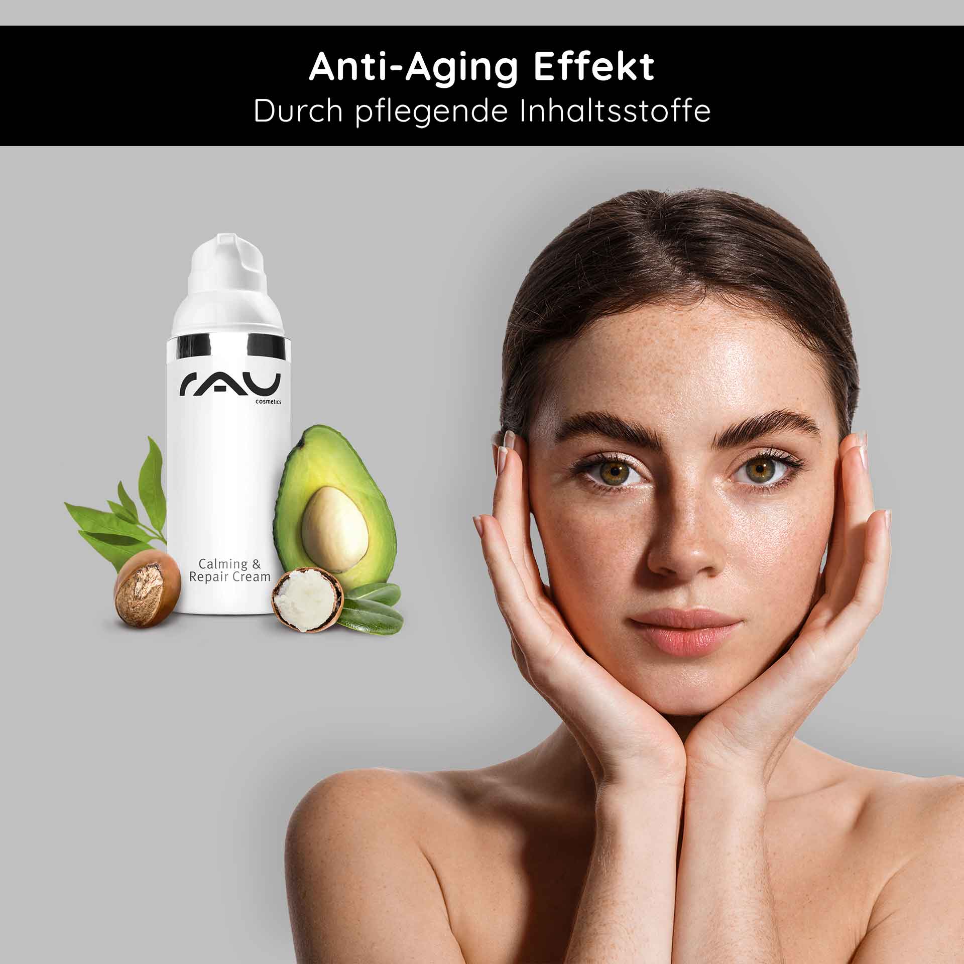 Crema calmante e riparatrice 50 ml Calmante per la pelle Frau mit beruhigter Haut und RAU Cosmetics Calming & Repair Cream, umgeben von Avocado und anderen pflegenden Inhaltsstoffen, betont Anti-Aging-Effekte.