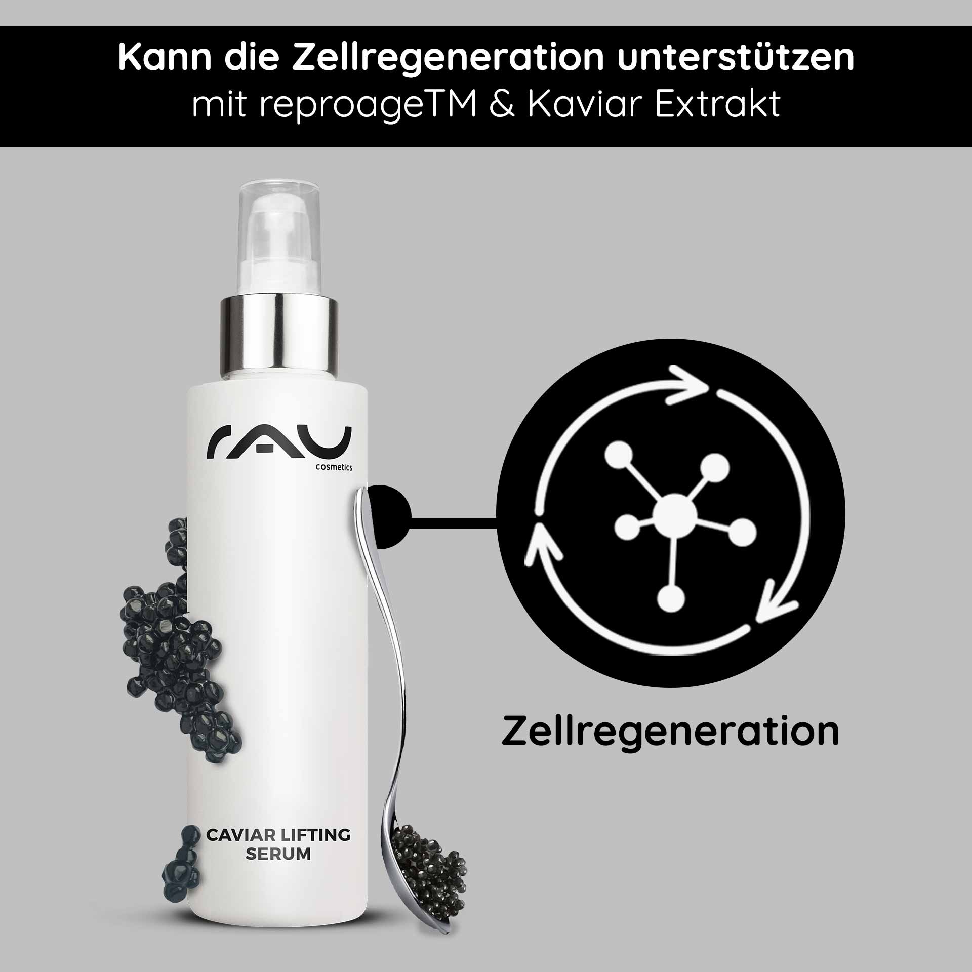 Caviar Lifting Serum 100 ml con Reproage ed estratto di caviale Caviar Lifting Serum von RAU Cosmetics mit Kaviarextrakt und reproageTM, fördert die Zellregeneration, präsentiert in eleganter Flasche mit Applikator.