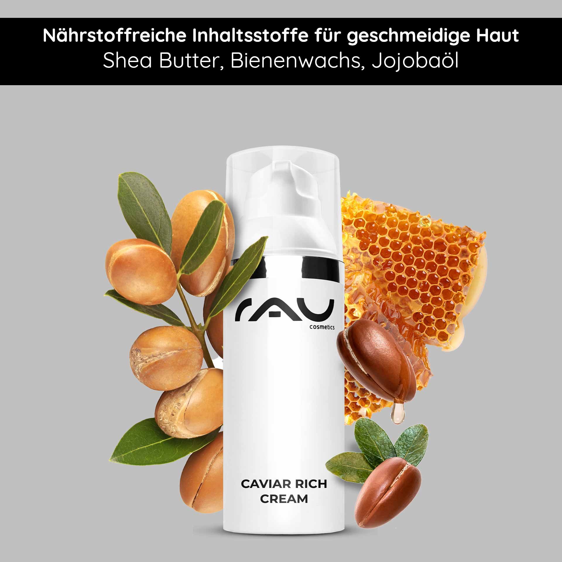 Caviar Rich Cream di RAU Cosmetics con ingredienti nutrienti come burro di karitè, cera d'api e olio di jojoba per una pelle liscia e idratata.