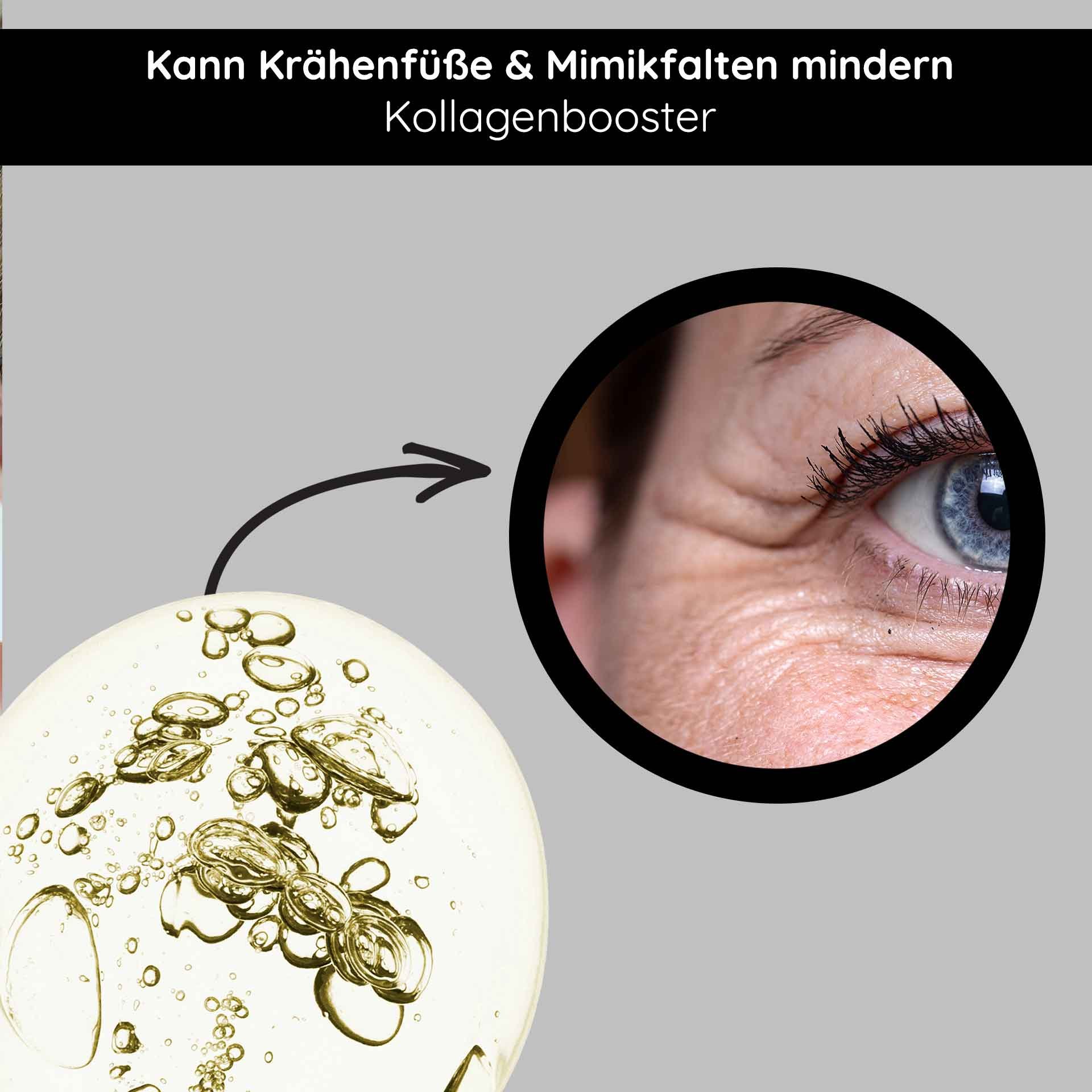 Illustrazione del prodotto booster di collagene con bolle d'olio e primo piano di un occhio che mostra le rughe, per promuovere la riduzione delle zampe di gallina e delle rughe d'espressione.