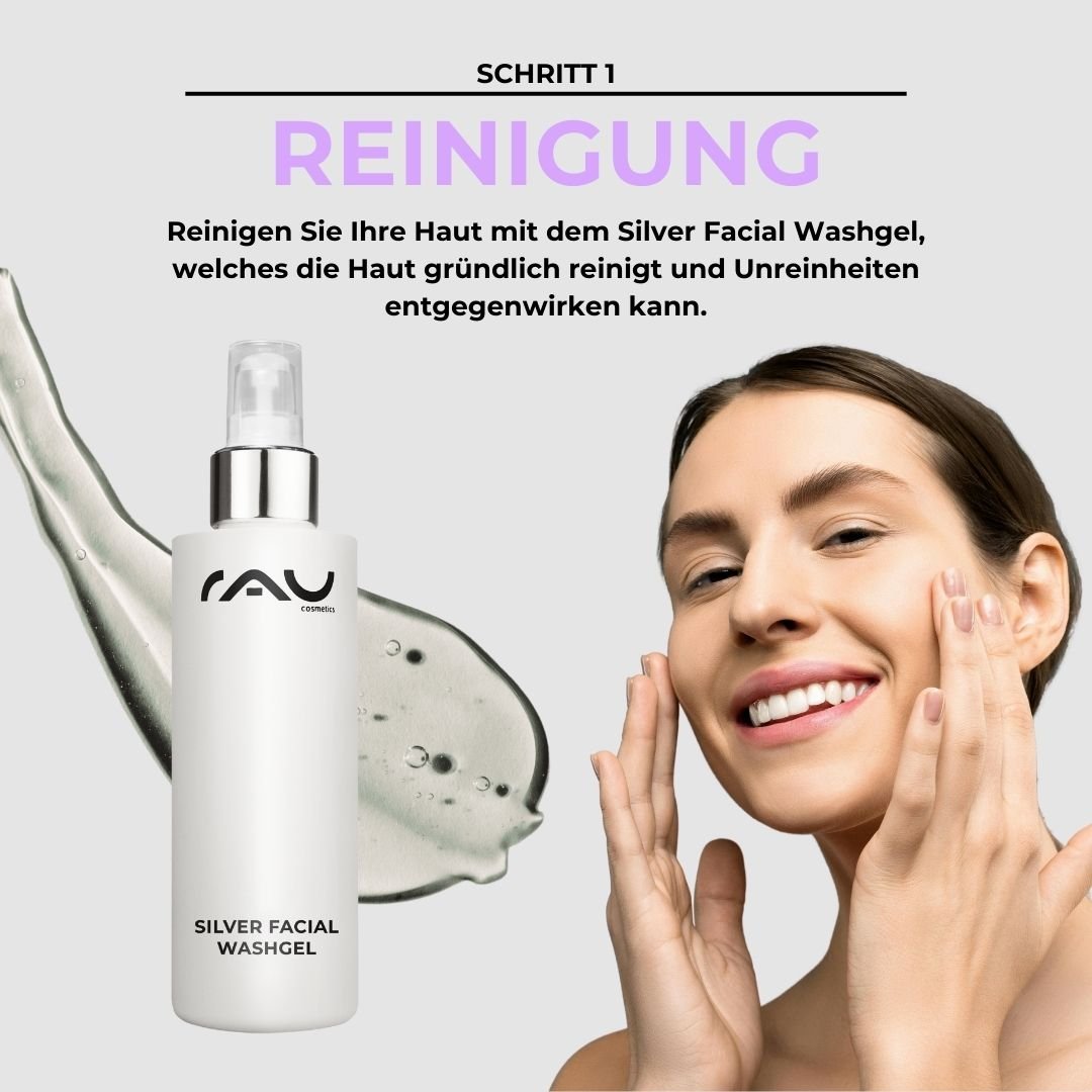 Donna con sorriso radioso che applica il Silver Facial Washgel di RAU sulla sua pelle per combattere le impurità e detergere a fondo la pelle, circondata da un gel schiumoso delicato.