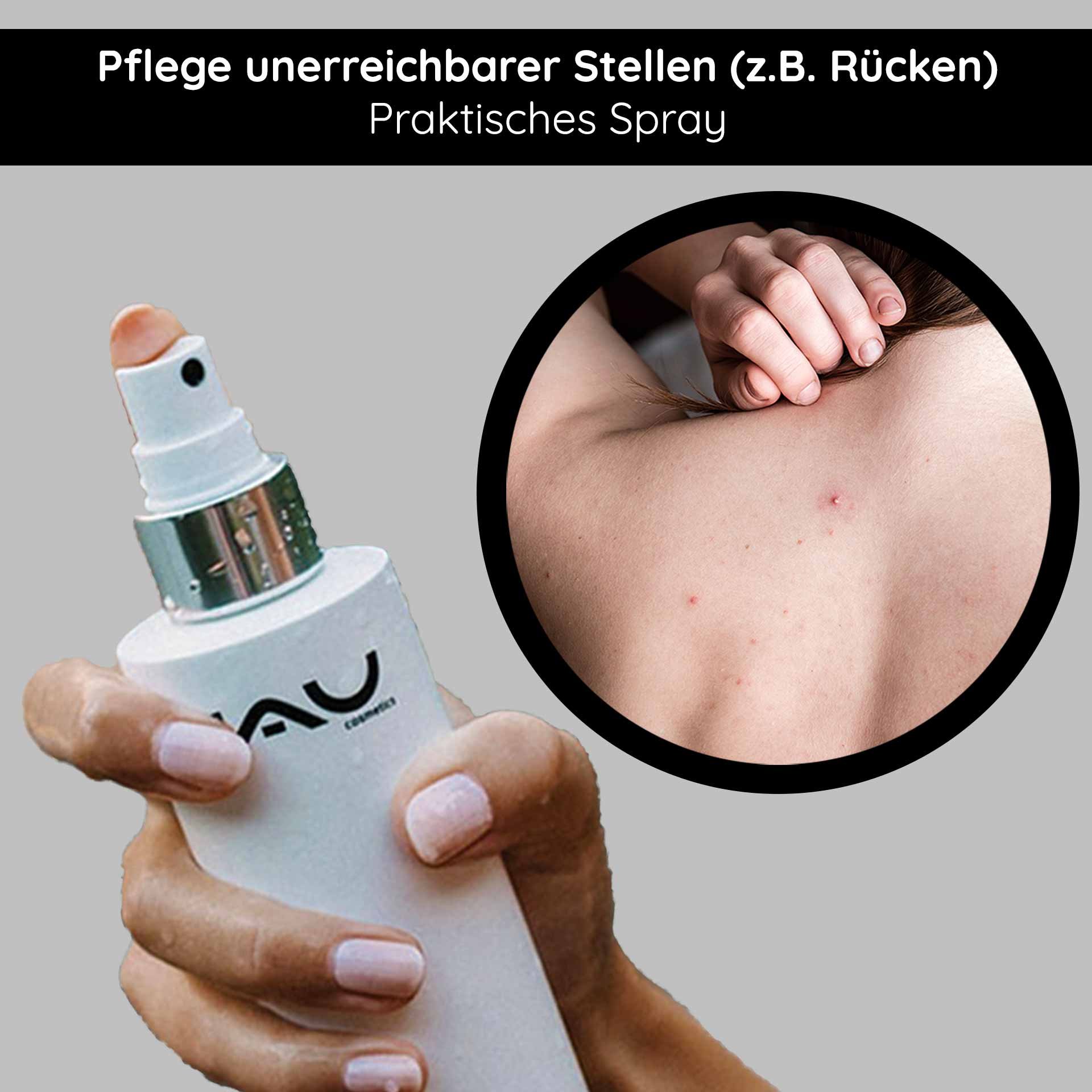 Applicazione des Silver Face and Body Spray am Koerper, praktische beruehrungsfreie cura auch fuer den Ruecken
