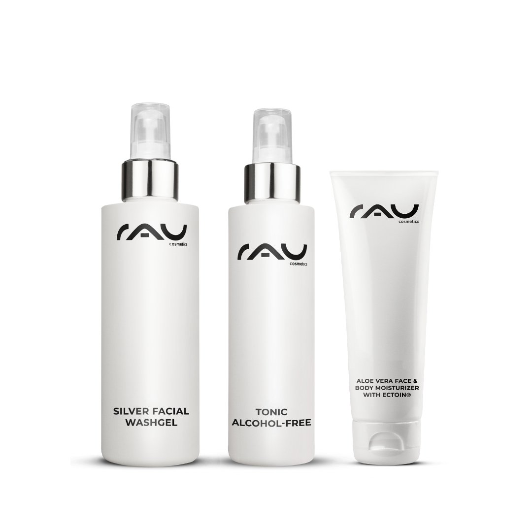 Basis Pflegeroutine per Mischhaut von RAU Cosmetics, bestehend aus Silber Gesichtswaschgel, alkoholfreiem Tonic e Aloe Vera Feuchtigkeitsgel.