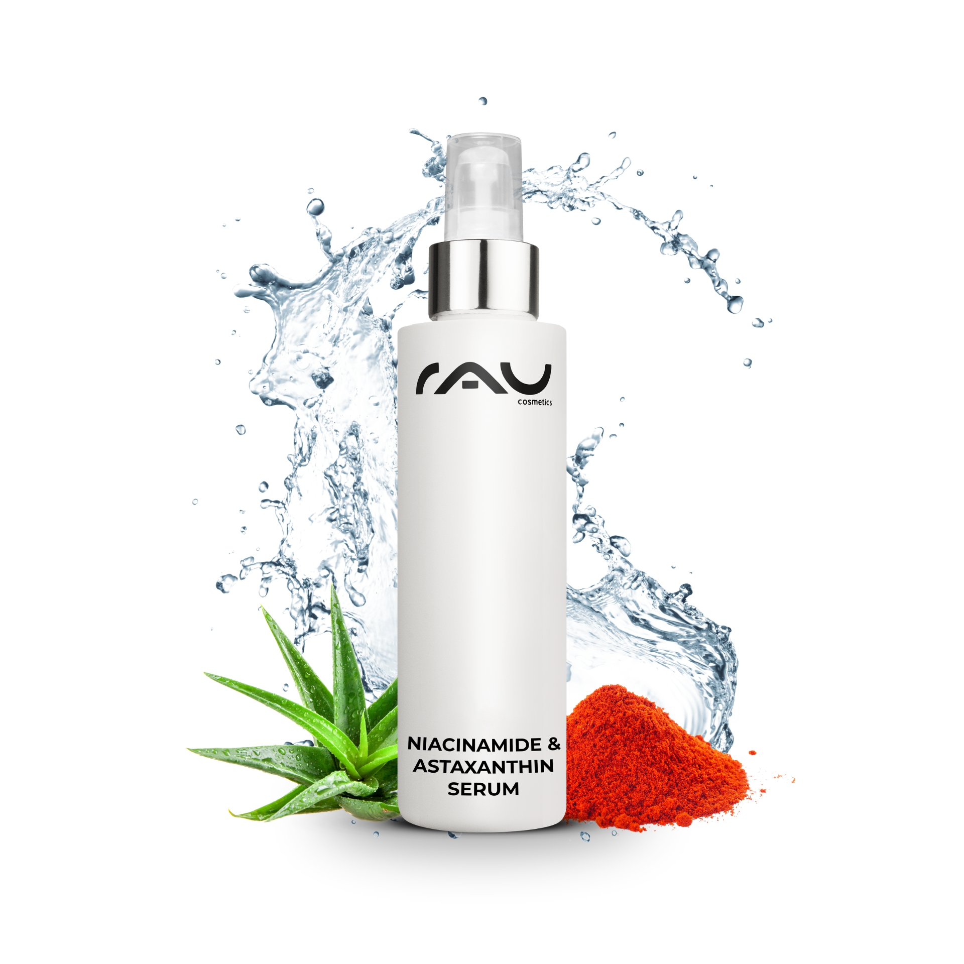 Niacinamide & Astaxanthin Serum 100 ml con 10% di Niacinamide & 1% di Zinco PCA Flasche Niacinamid- und Astaxanthin-Serum mit Aloe Vera und Astaxanthin-Pulver, umgeben von Wasserspritzern, die die feuchtigkeitsspendenden und hautverbessernden Vorteile hervorheben.
