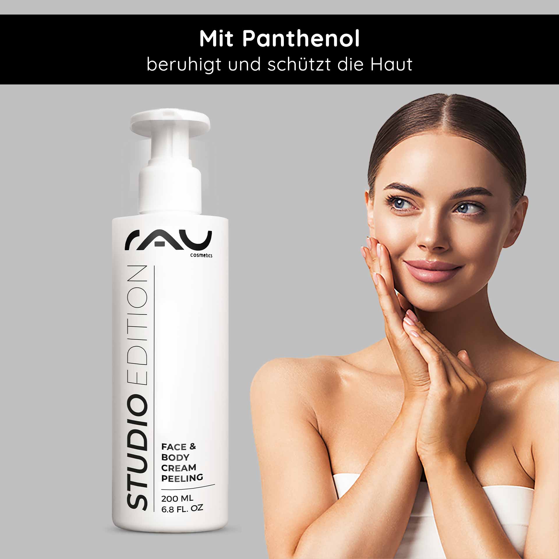 Crema peeling viso e corpo 200 ml Peeling meccanico „RAU Cosmetics Studio Edition Face & Body Cream Peeling 200 ml Kabinenware – mechanisches Gesichts- und Körperpeeling mit natürlichen Schleifpartikeln, Lecithin, Mandelöl, Allantoin & Panthenol“