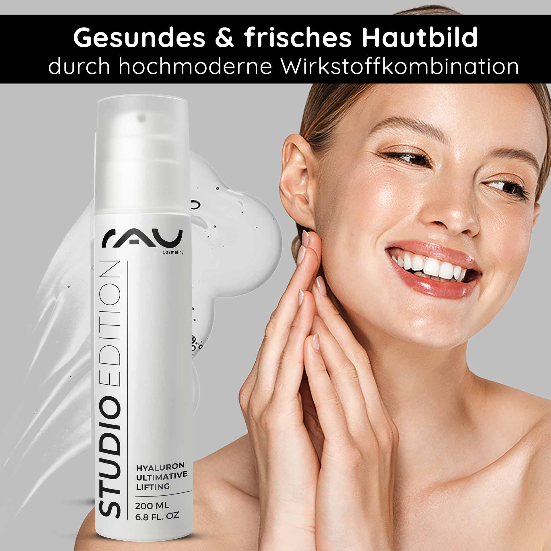 RAU Hyaluron Ultimative Lifting Gel in einer eleganten weißen flacone, con einer lächelnden Frau, la il Produkt su ihr viso aufträgt, um eine gesunde e frische pelle zu fördern e la anti-aging-Vorteile hervorzuheben.