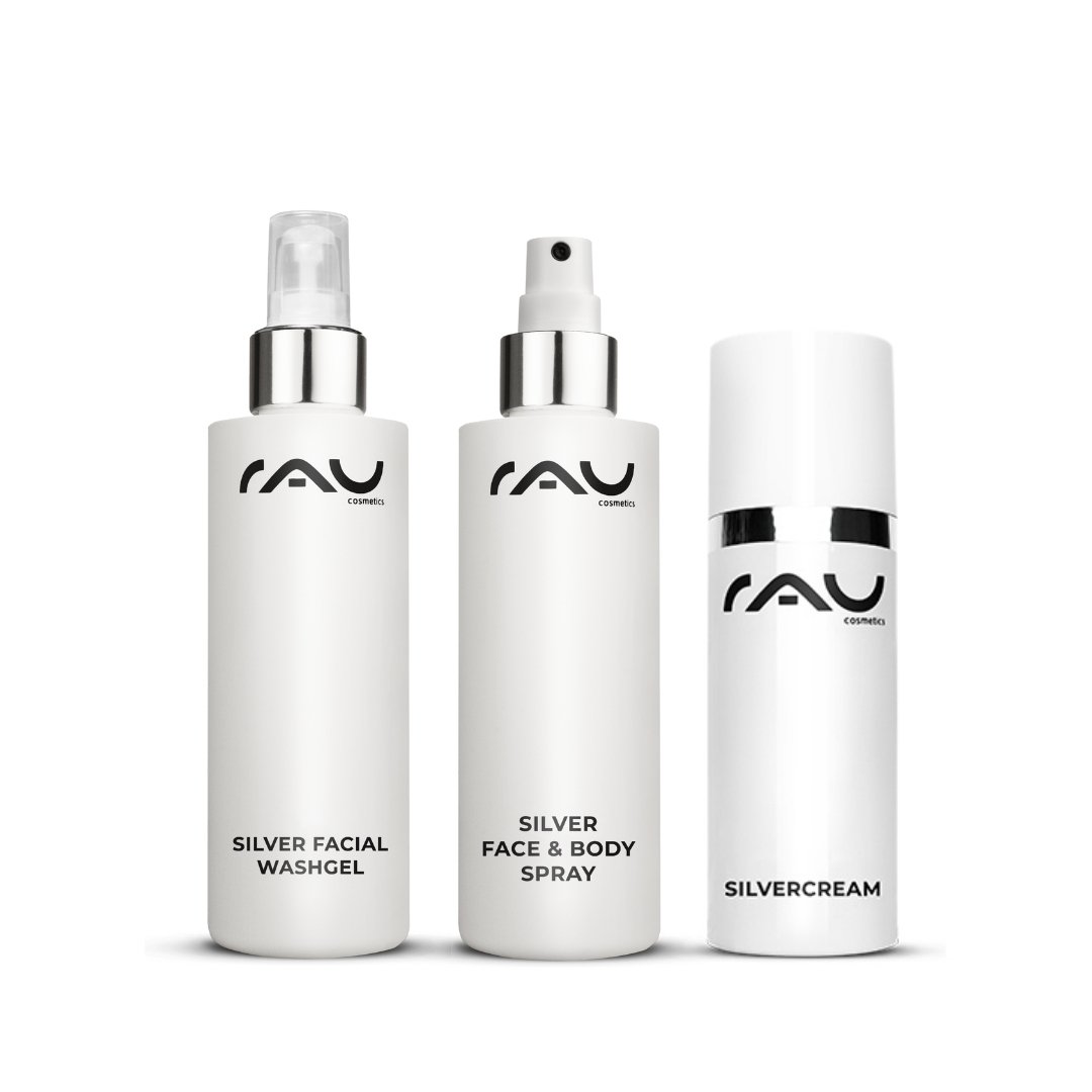 RAU Cosmetics Hautpflegeset con Silver Facial Washgel, Silver Face & Body Spray e Silvercream, entwickelt per eine effektive Hautreinigung e Feuchtigkeitsversorgung.
