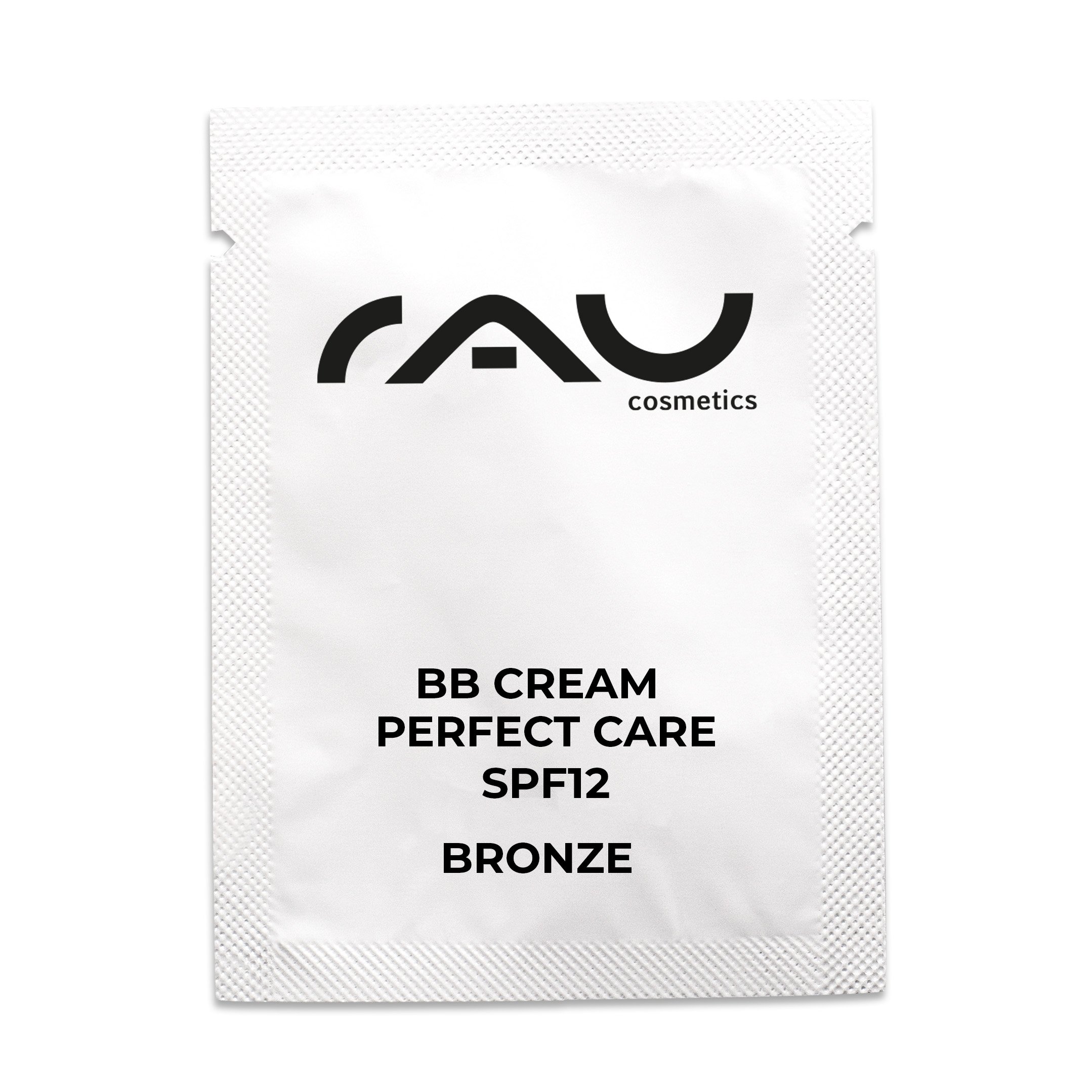 Bustina di RAU BB Cream Perfect Care Bronze con SPF 12, con logo del marchio e dettagli del prodotto che evidenziano i benefici per la cura e il trucco.