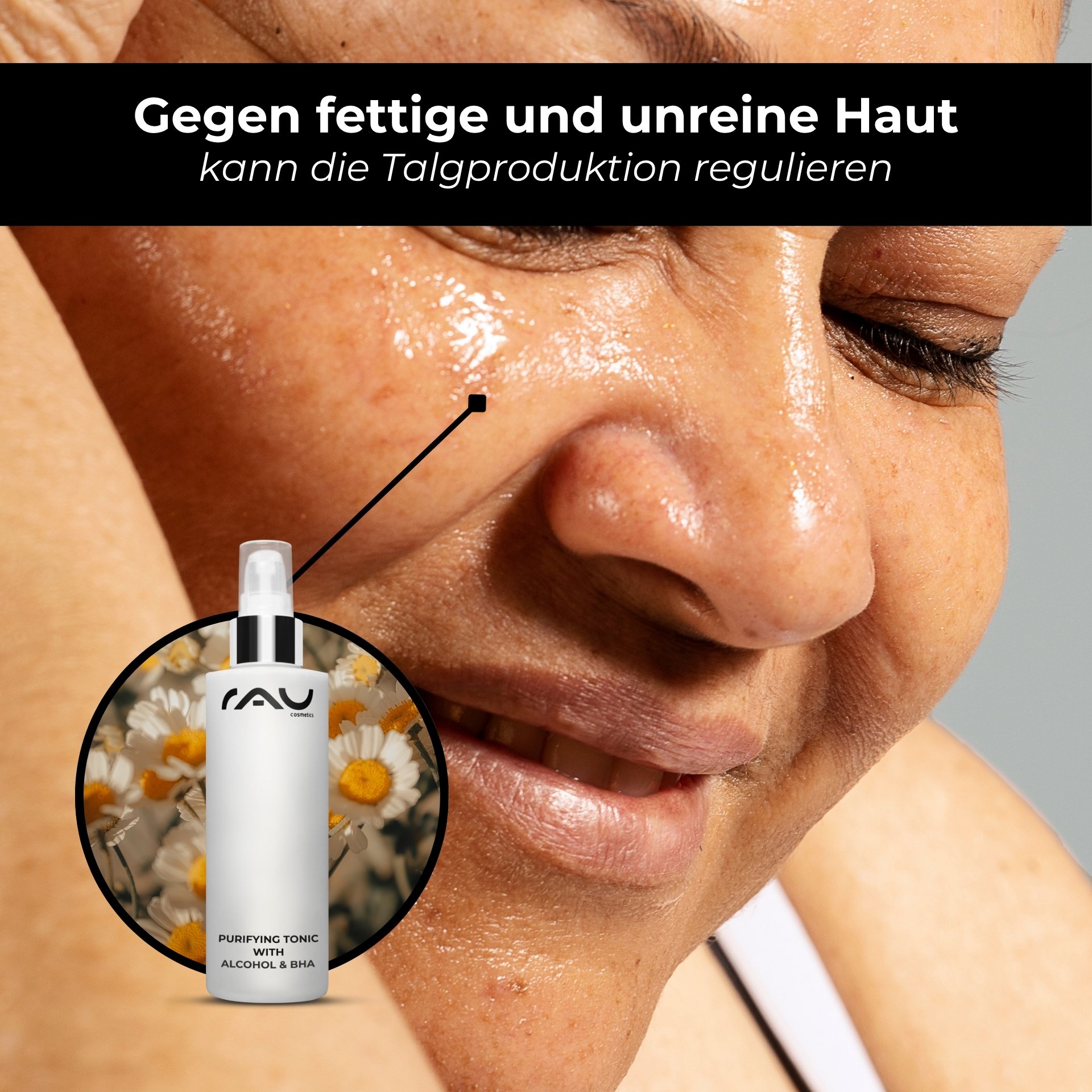 Donna soddisfatta con una carnagione uniforme grazie all'effetto purificante di Purifying Tonic.