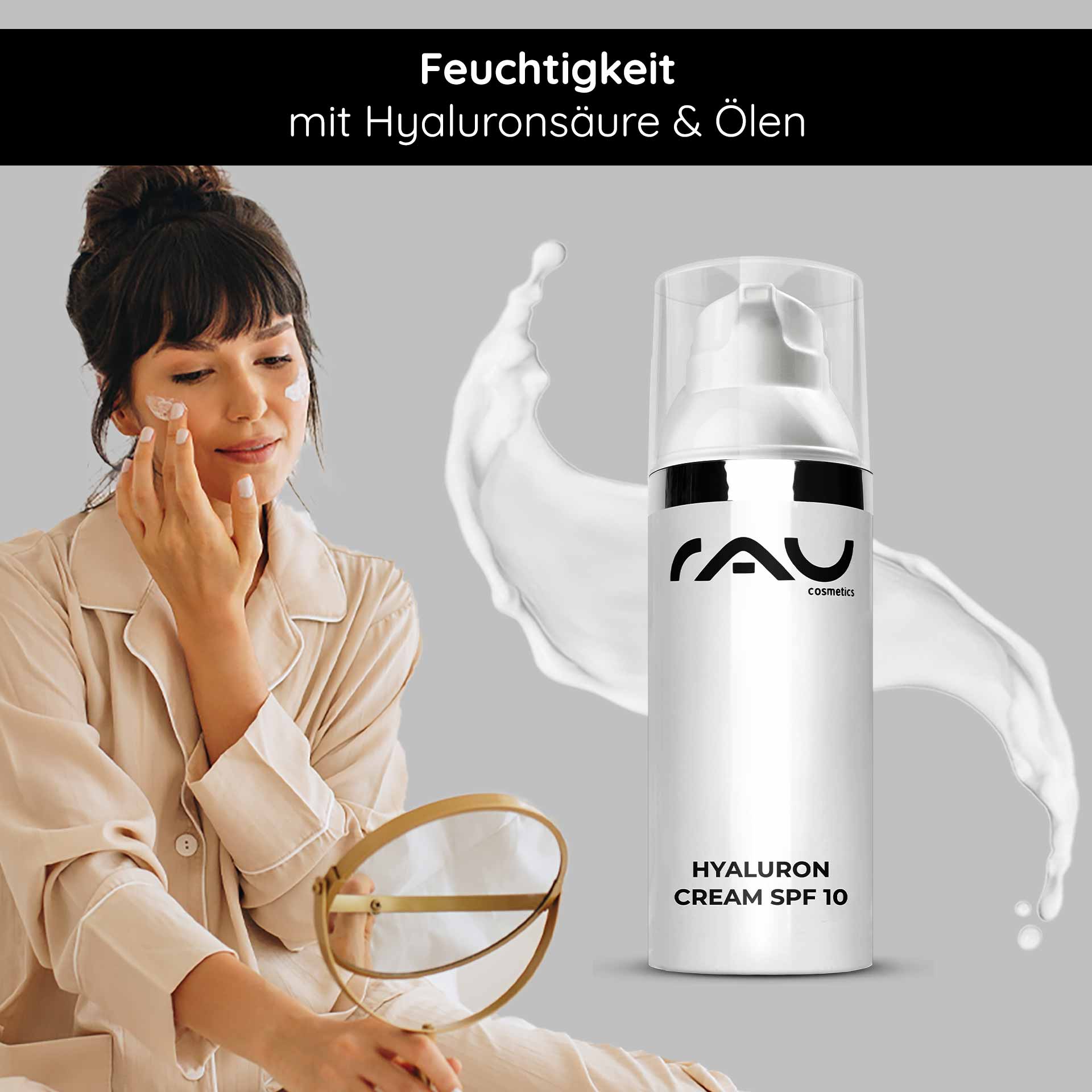 Hyaluron Cream SPF10 50 ml Crema viso con protezione UV Frau mit Hyaluron Creme SPF 10 auf Gesicht, Anwendung von Feuchtigkeitscreme mit Hyaluronsäure und Ölen, RAU Cosmetics, Hautpflege für trockene Haut.