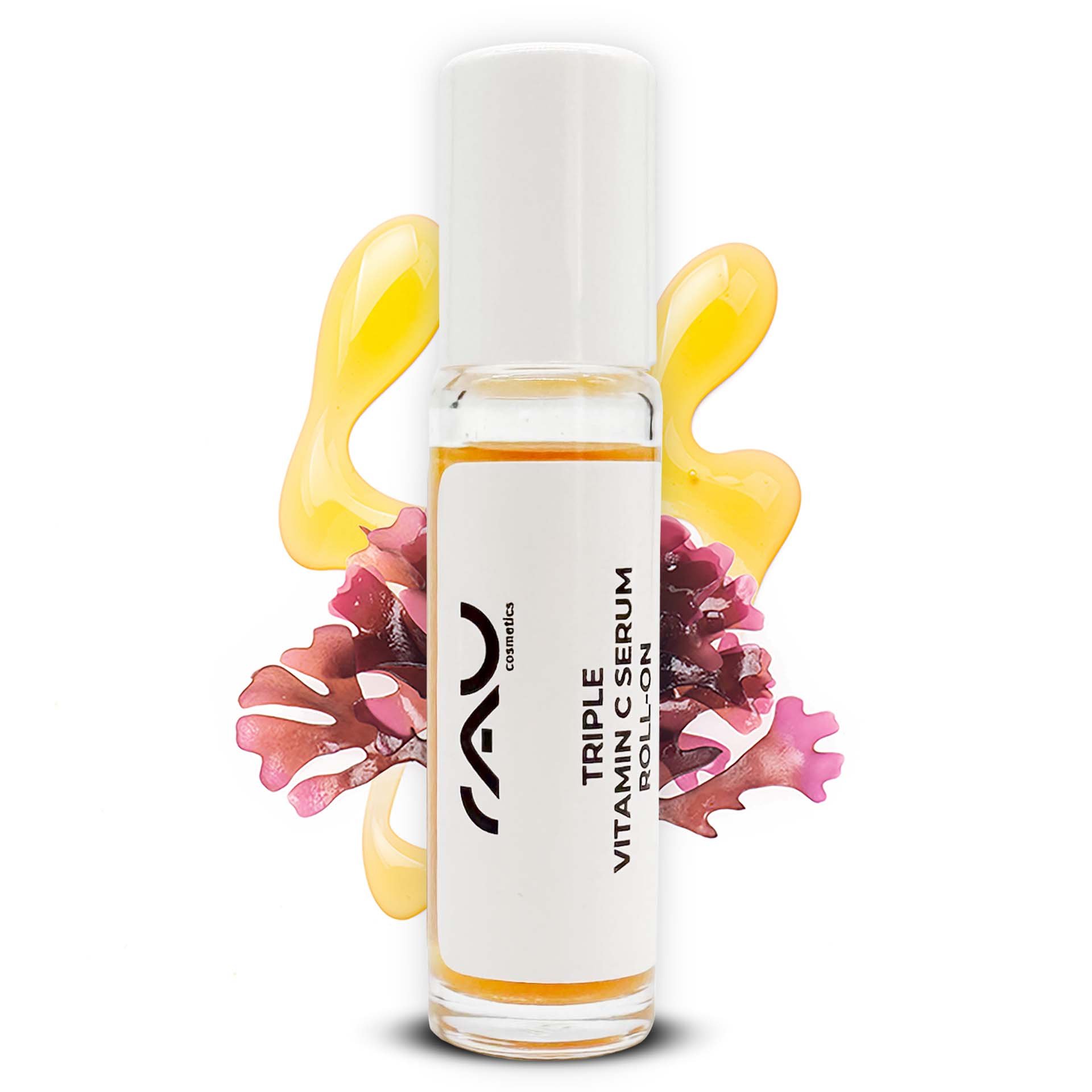 RAU Triple Vitamin C Serum Roll-On-Flasche mit leuchtend gelbem und rosa Hintergrund, der die Vorteile der Hautpflege und den Vitamin C-Gehalt für strahlende Haut hervorhebt.