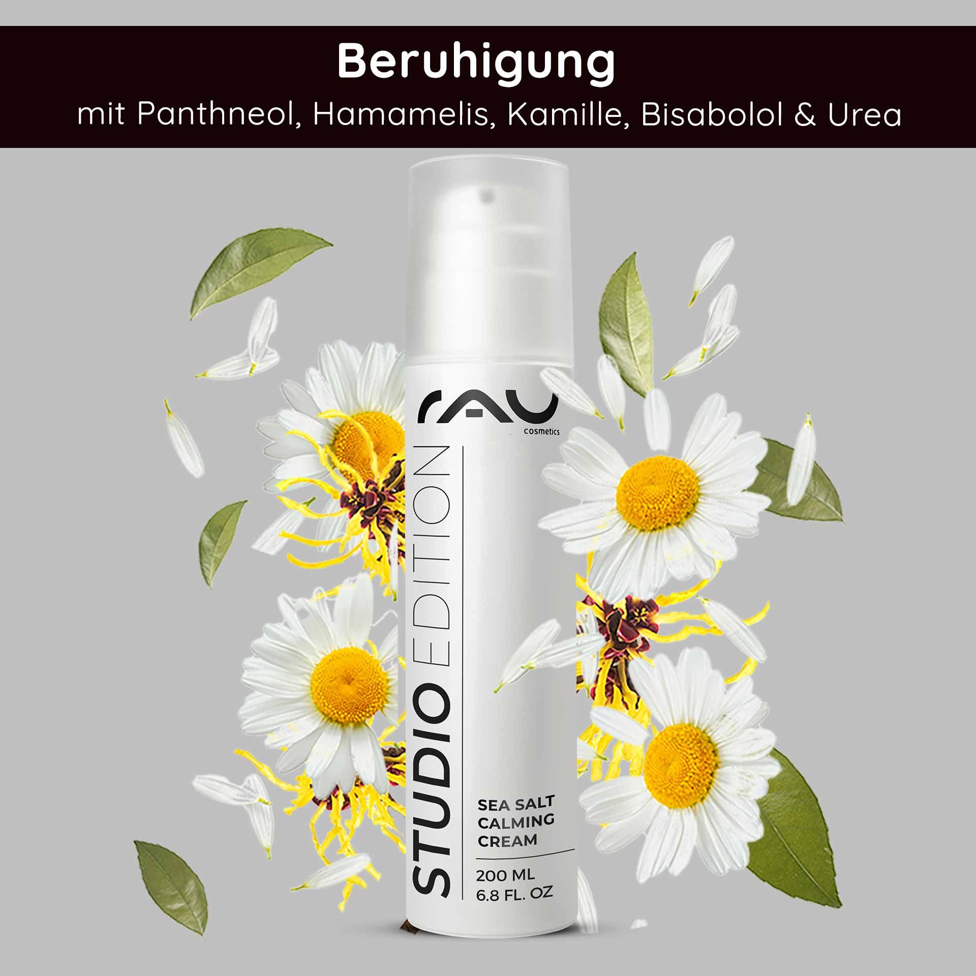 RAU Cosmetics Sea Salt Calming Cream 200 ml con ingredienti lenitivi come pantenolo, amamelide e camomilla, circondata da elementi floreali che sottolineano i suoi benefici per la pelle secca e sensibile.