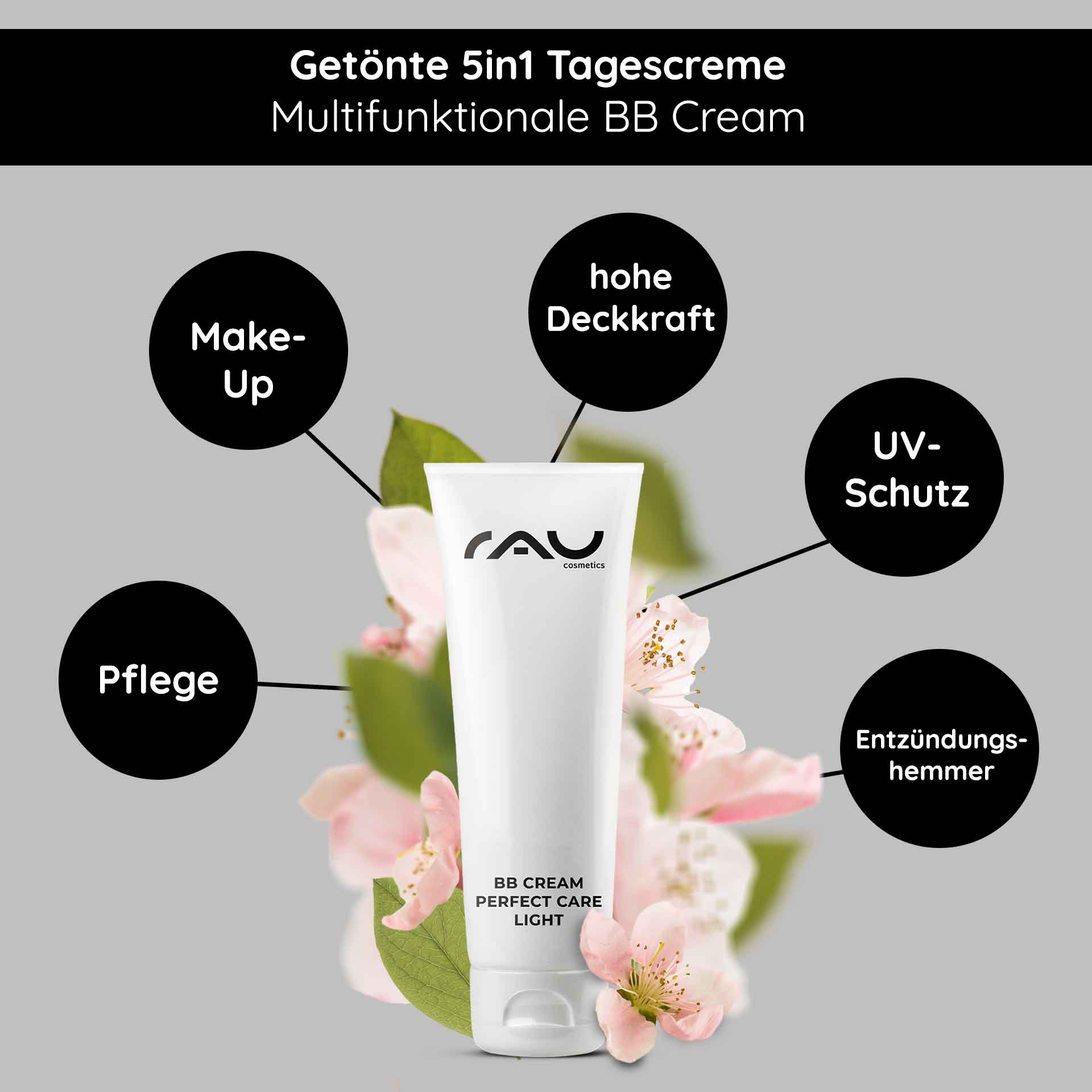 BB Cream Perfect Care Light 75 ml SPF12 Make-up & Care RAU BB Cream Perfect Care Leichte Tube mit floralem Hintergrund, die multifunktionale Vorteile hervorhebt: hohe Deckkraft, UV-Schutz, Hautpflege und entzündungshemmende Eigenschaften.